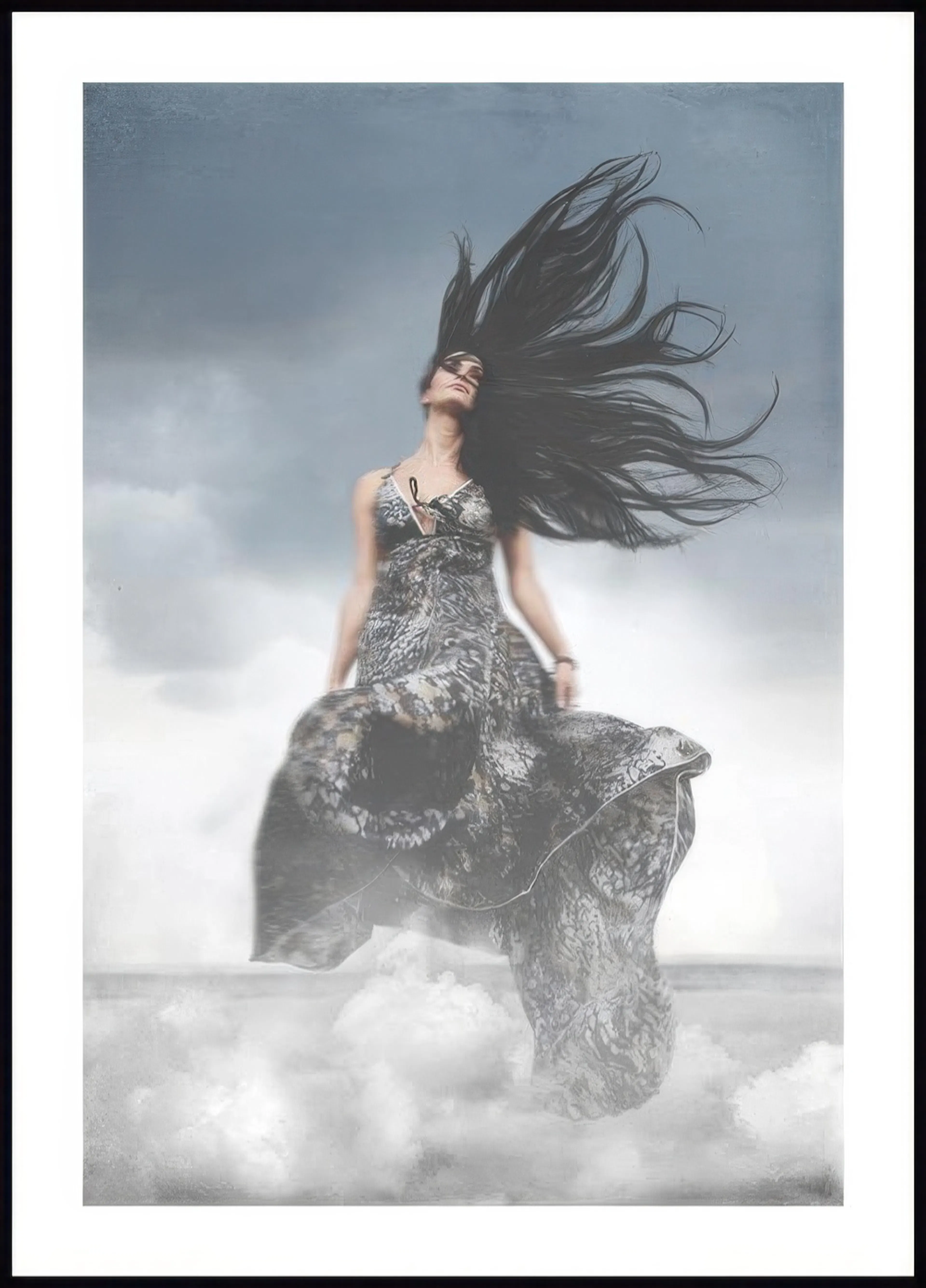 A poster featuring a woman with long dark hair flowing upwards, wearing a patterned dress, amidst clouds.