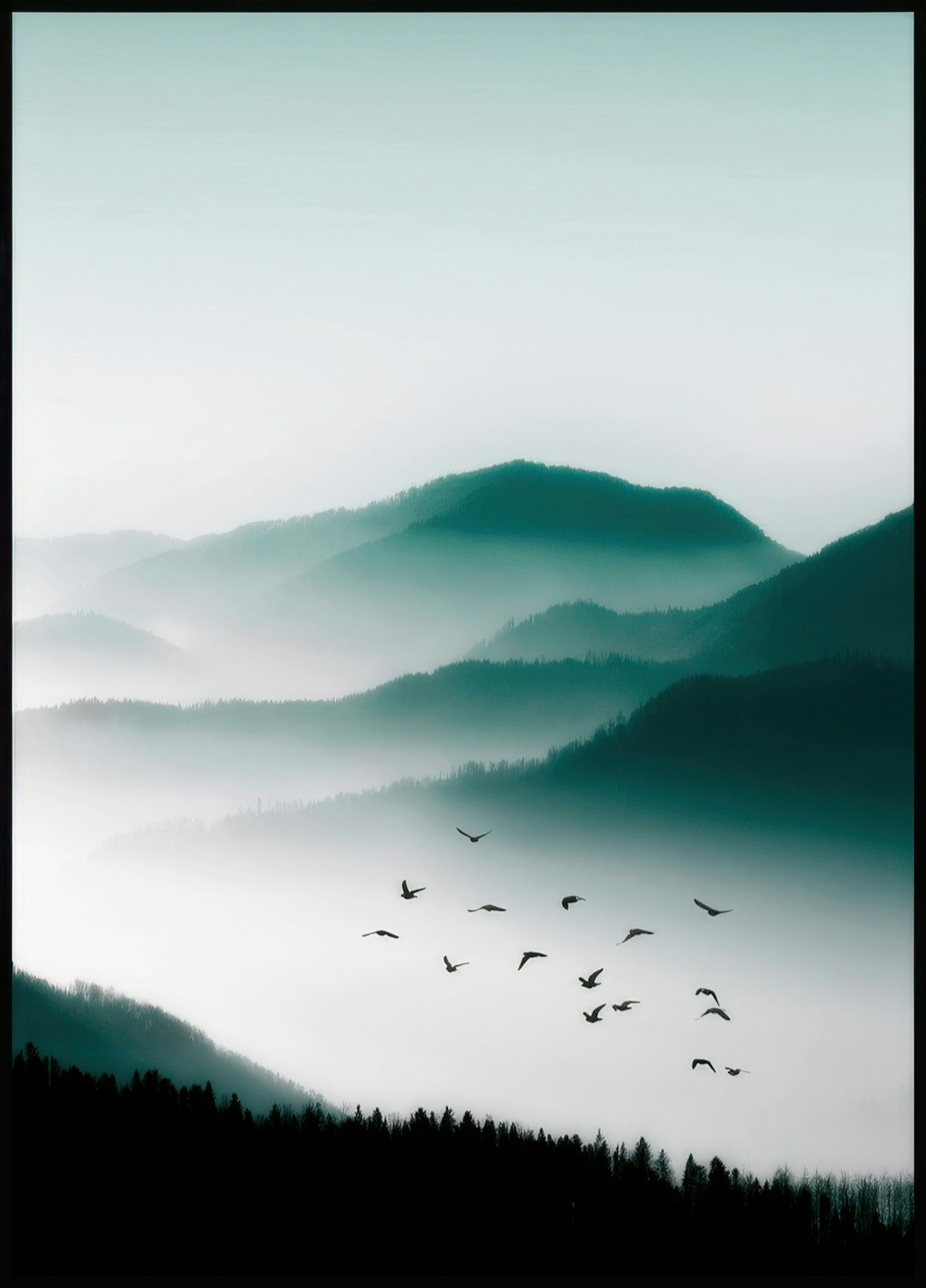 Oiseaux survolant montagne Poster 0