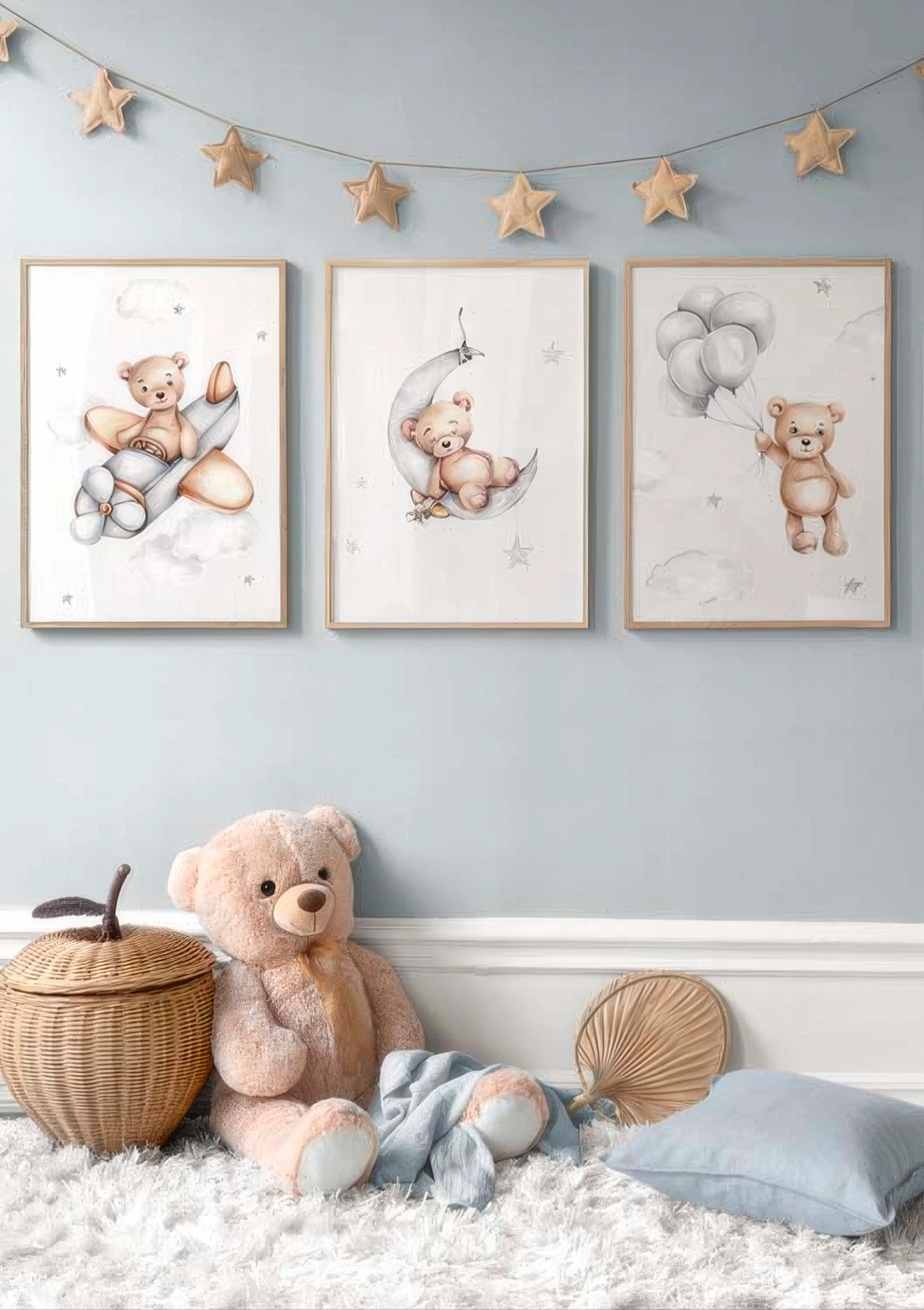 A poster pack featuring three prints of cute teddy bears: one in a plane, one on a moon, and one with balloons.