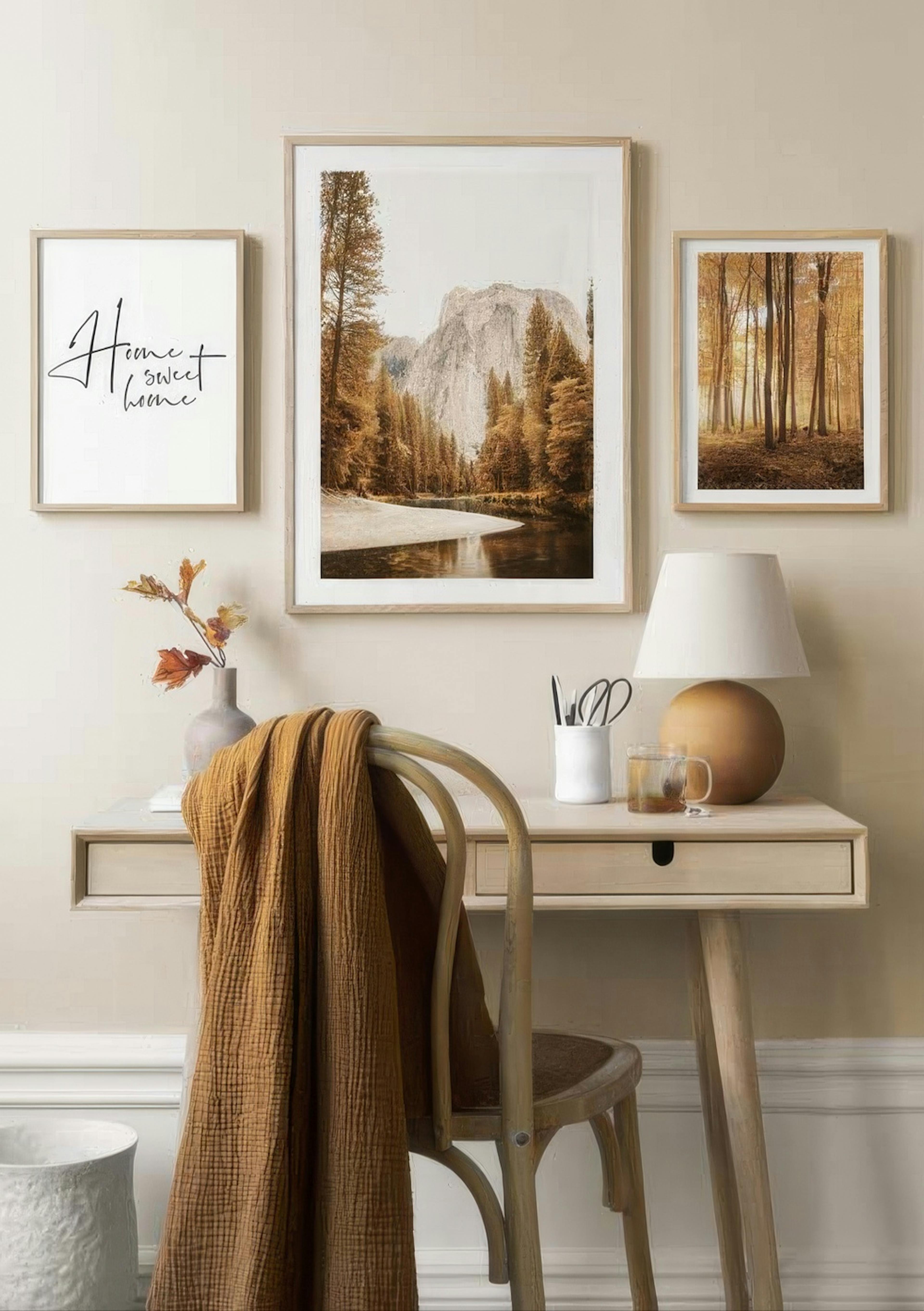 Paquete de pósters con un paisaje de río y montaña, un bosque otoñal y la frase Home sweet home.