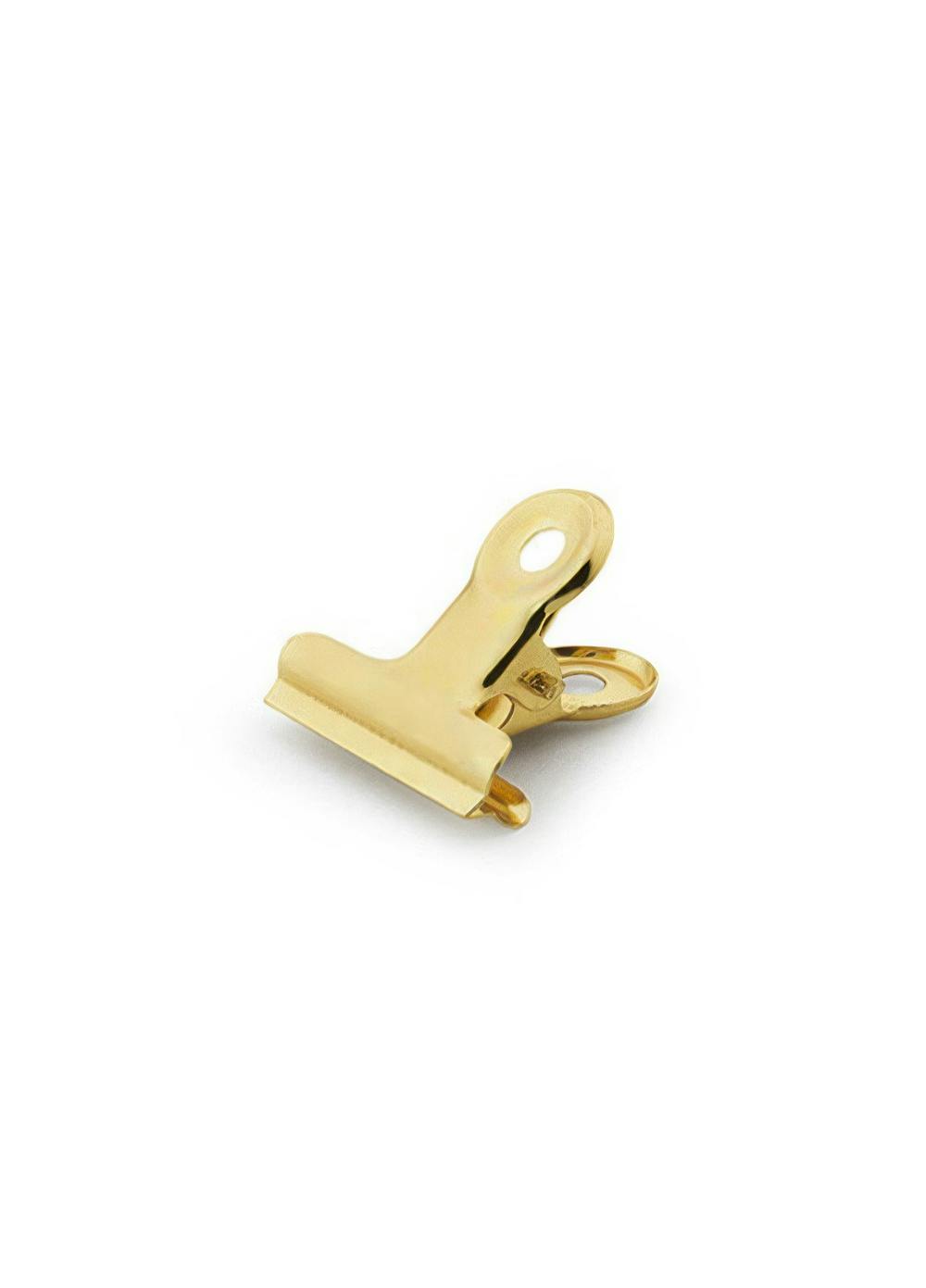 Een poster met een glimmende goudkleurige bulldog clip, liggend op een witte achtergrond.