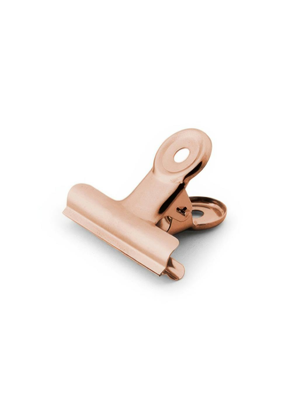 Een poster met een roségoudkleurige binderclip op een witte achtergrond.