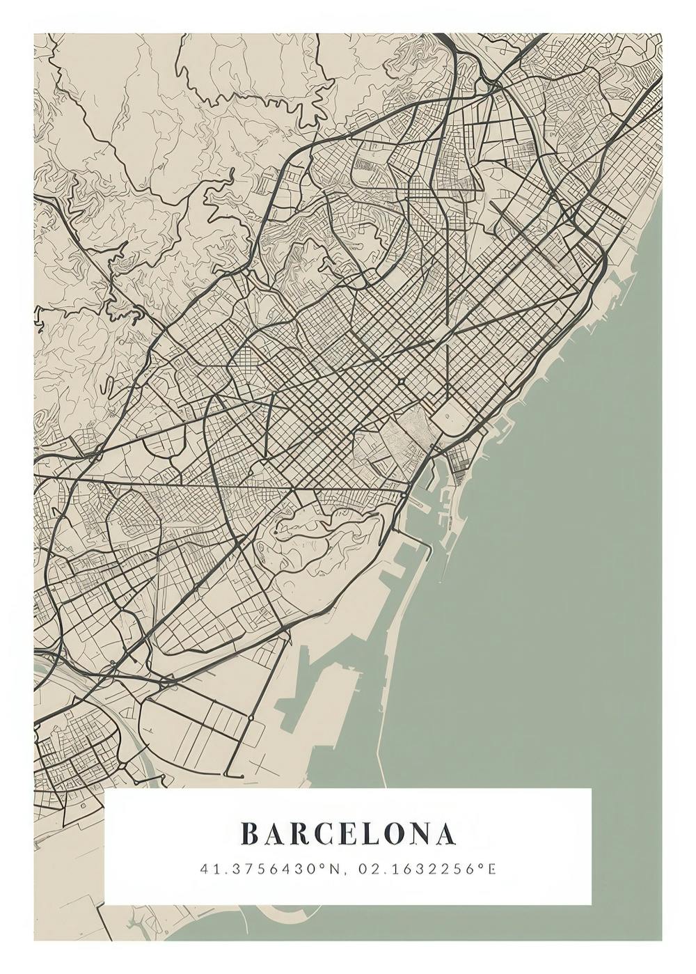 Un poster personalizat cu o hartă detaliată a orașului Barcelona, cu text personalizabil în partea de jos.