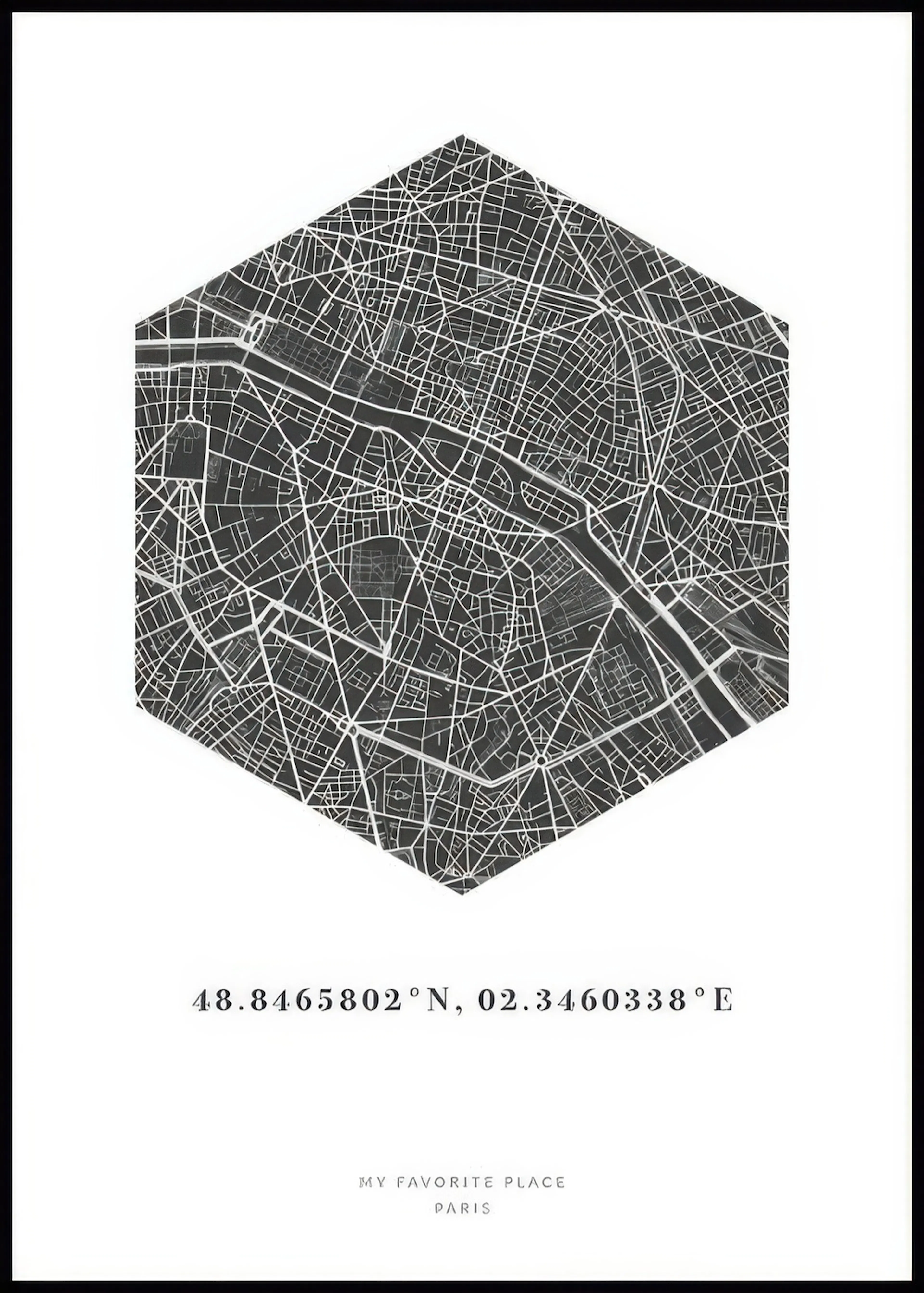 A personalised poster featuring a black and white hexagonal map of Paris with coordinates and text below.