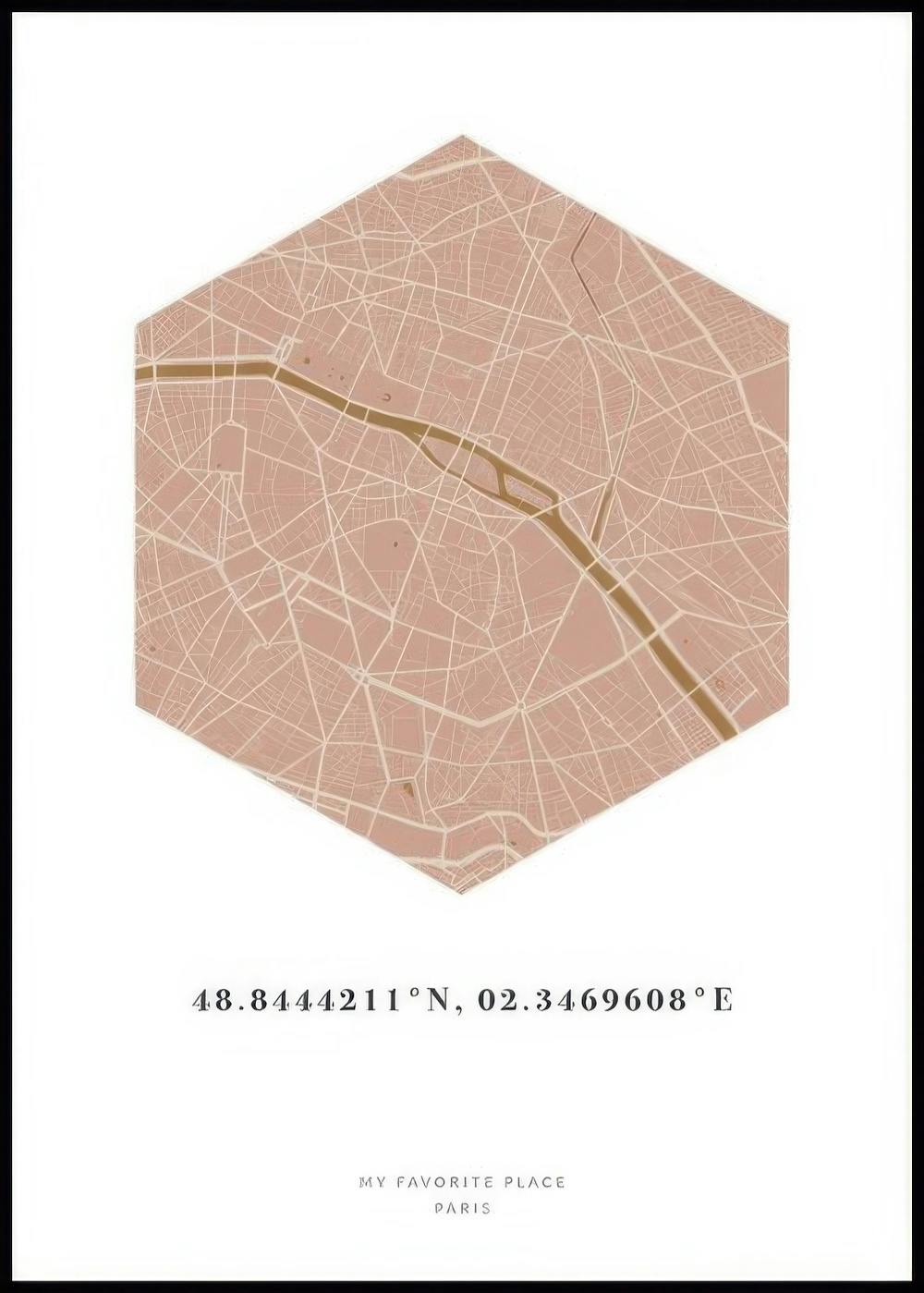 Personalisiertes Poster mit einer rosafarbenen, sechseckigen Karte von Paris, darunter Koordinaten und MY FAVORITE PLACE PARIS.