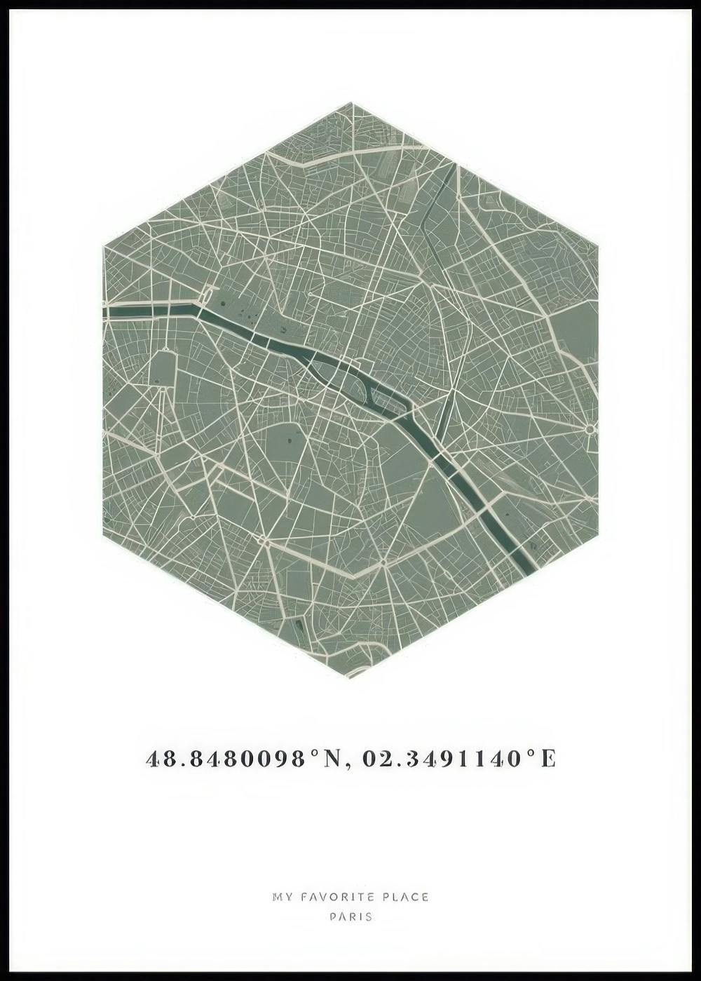 Personalisiertes Poster mit einer sechseckigen Karte von Paris in Grün- und Grautönen und Koordinaten.