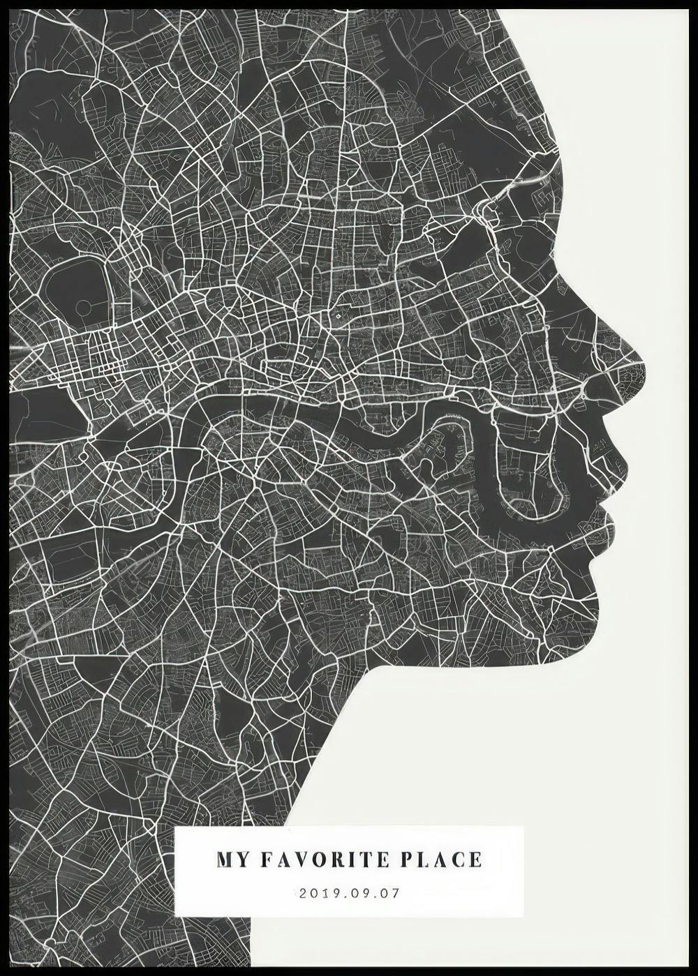 Ein personalisiertes Poster mit einer schwarzen Stadtkarte Londons in einem Seitenprofil und dem Text MY FAVORITE PLACE.