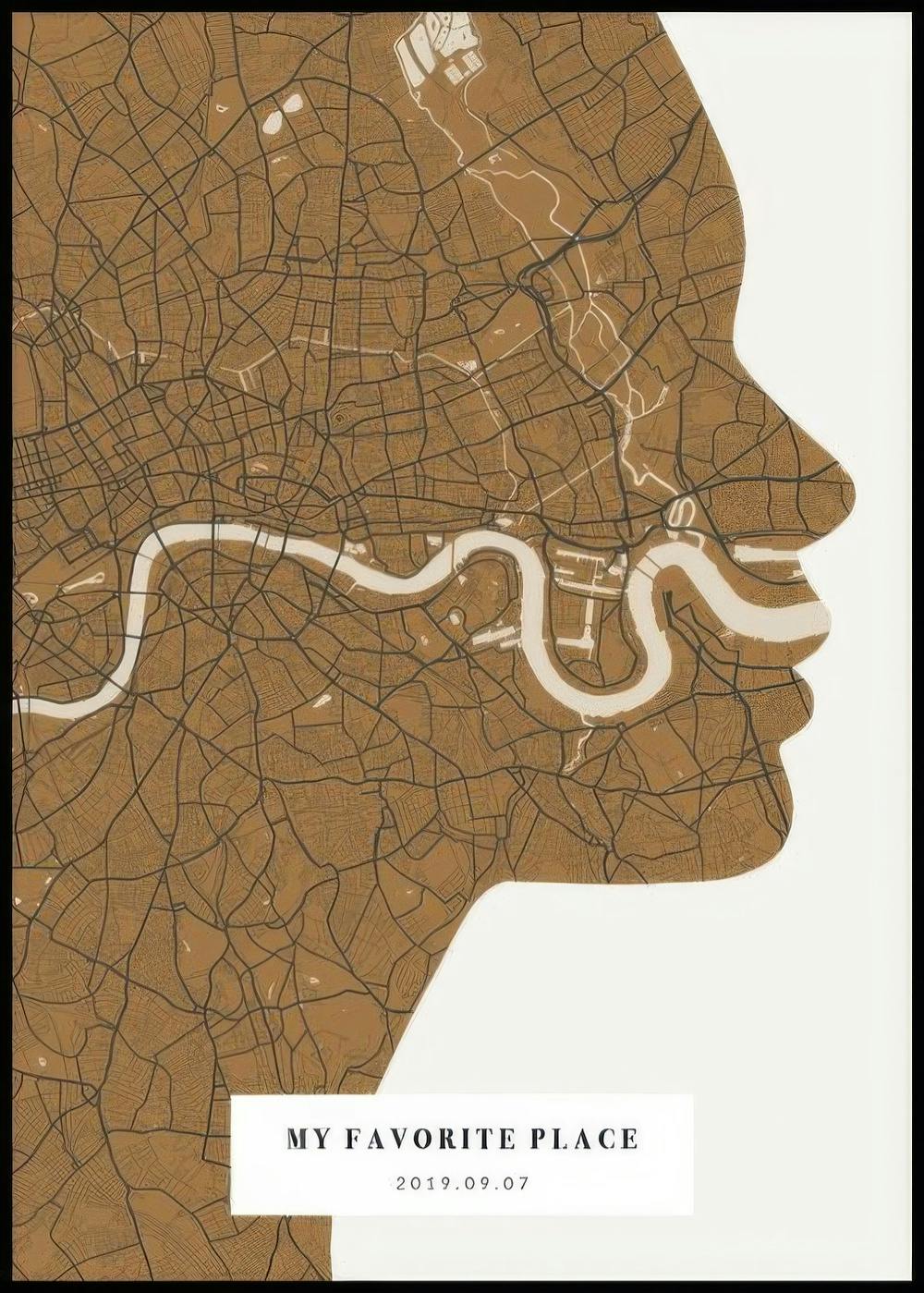 Personalisiertes Poster: Eine Stadtplan-Silhouette von London in braun-beige, mit der Themse als helle Linie. Unten steht MY FAV