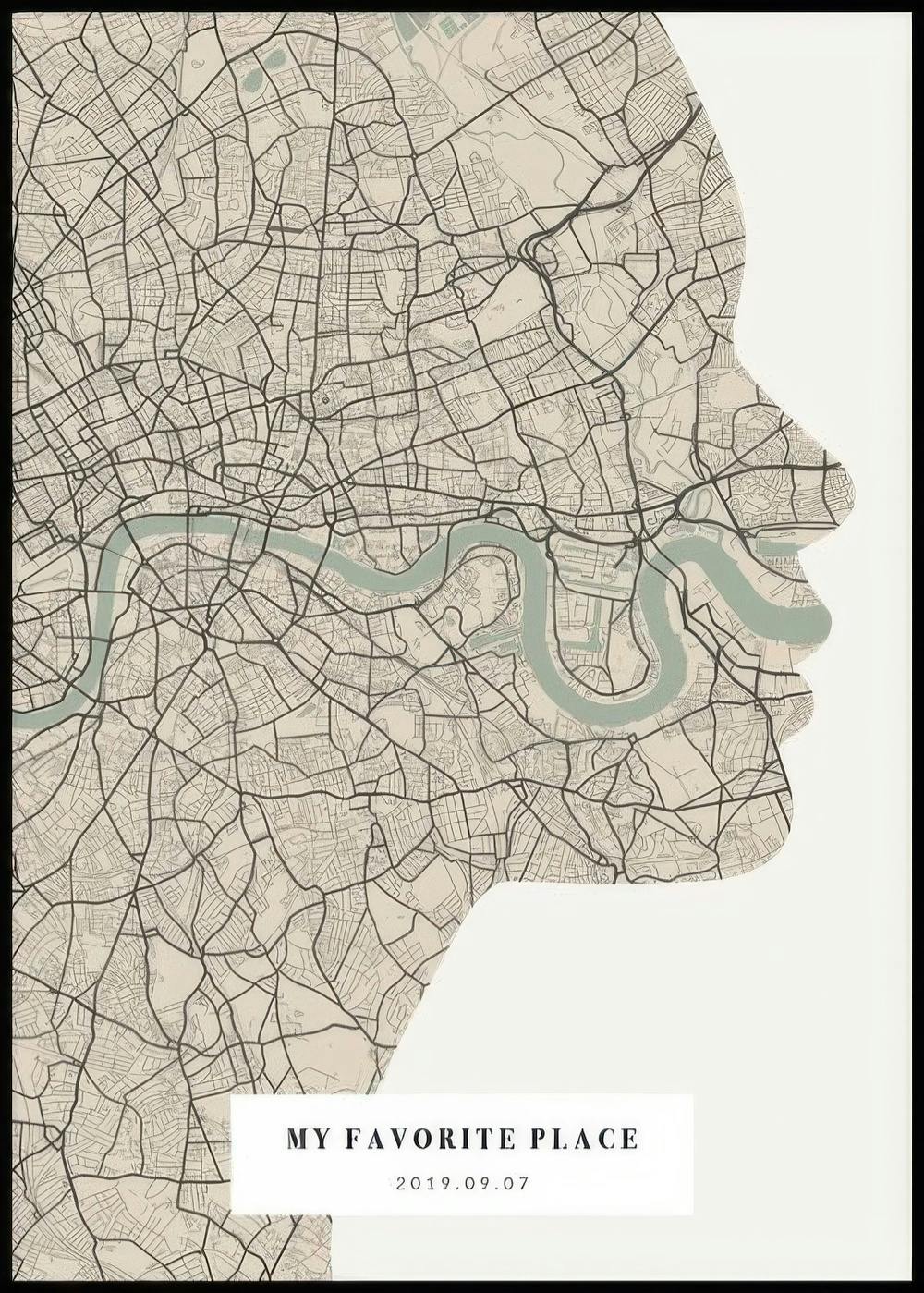 Personalisiertes Poster mit einer Straßenkarte von London, geformt als seitliches Gesichtsprofil mit dem Schriftzug MY FAVORITE