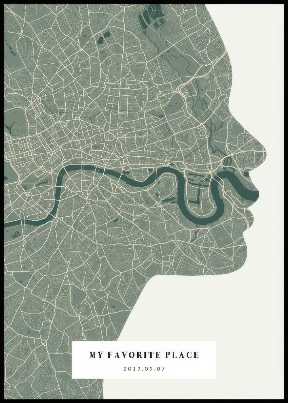 Personalisiertes Poster: Eine Stadtplan-Silhouette mit der Themse und Text MY FAVORITE PLACE 2019.09.07.