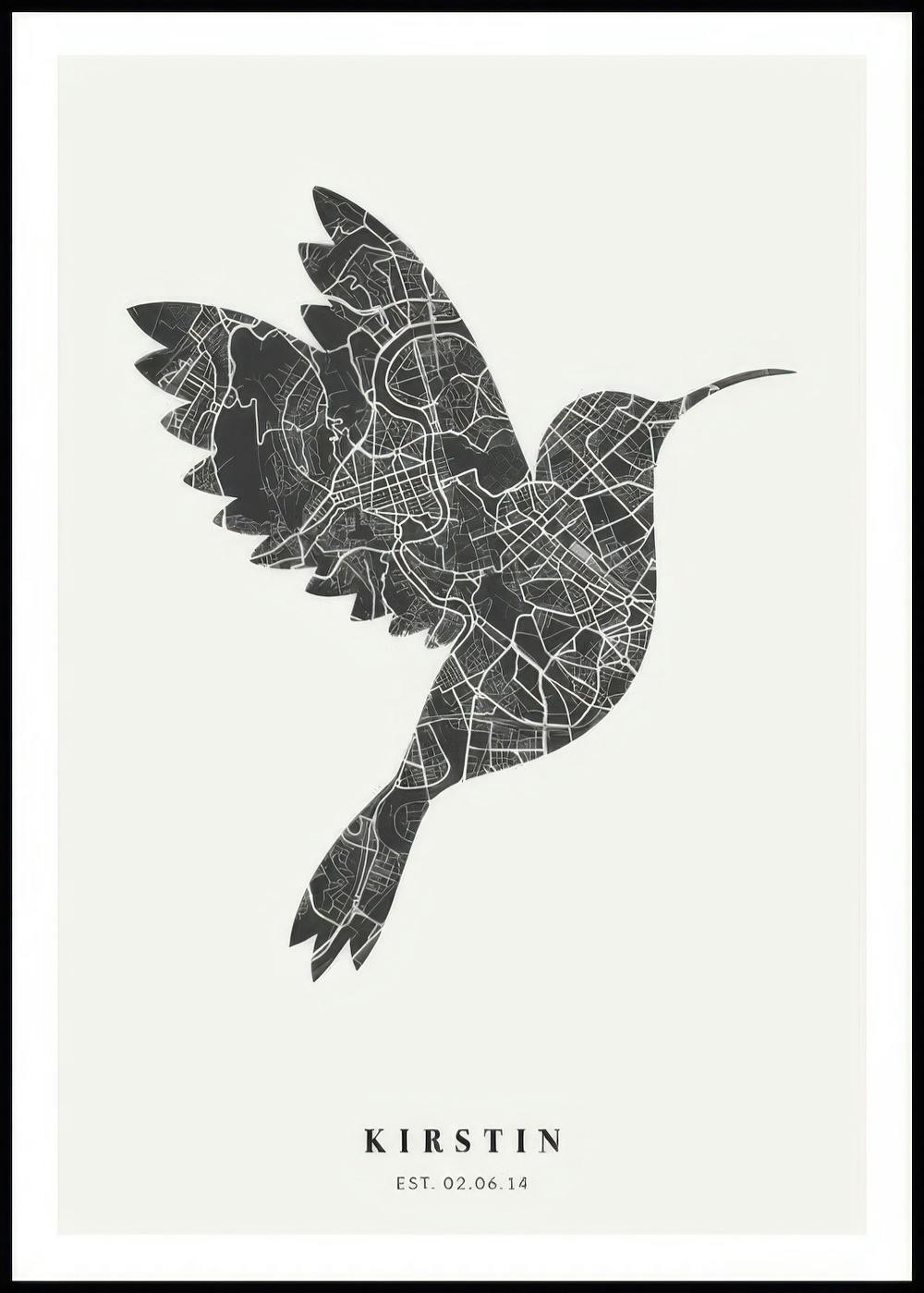 Personalisiertes Poster: Schwarze Landkarte in Form eines Kolibris mit weißer Straßennetz-Darstellung auf hellem Hintergrund.