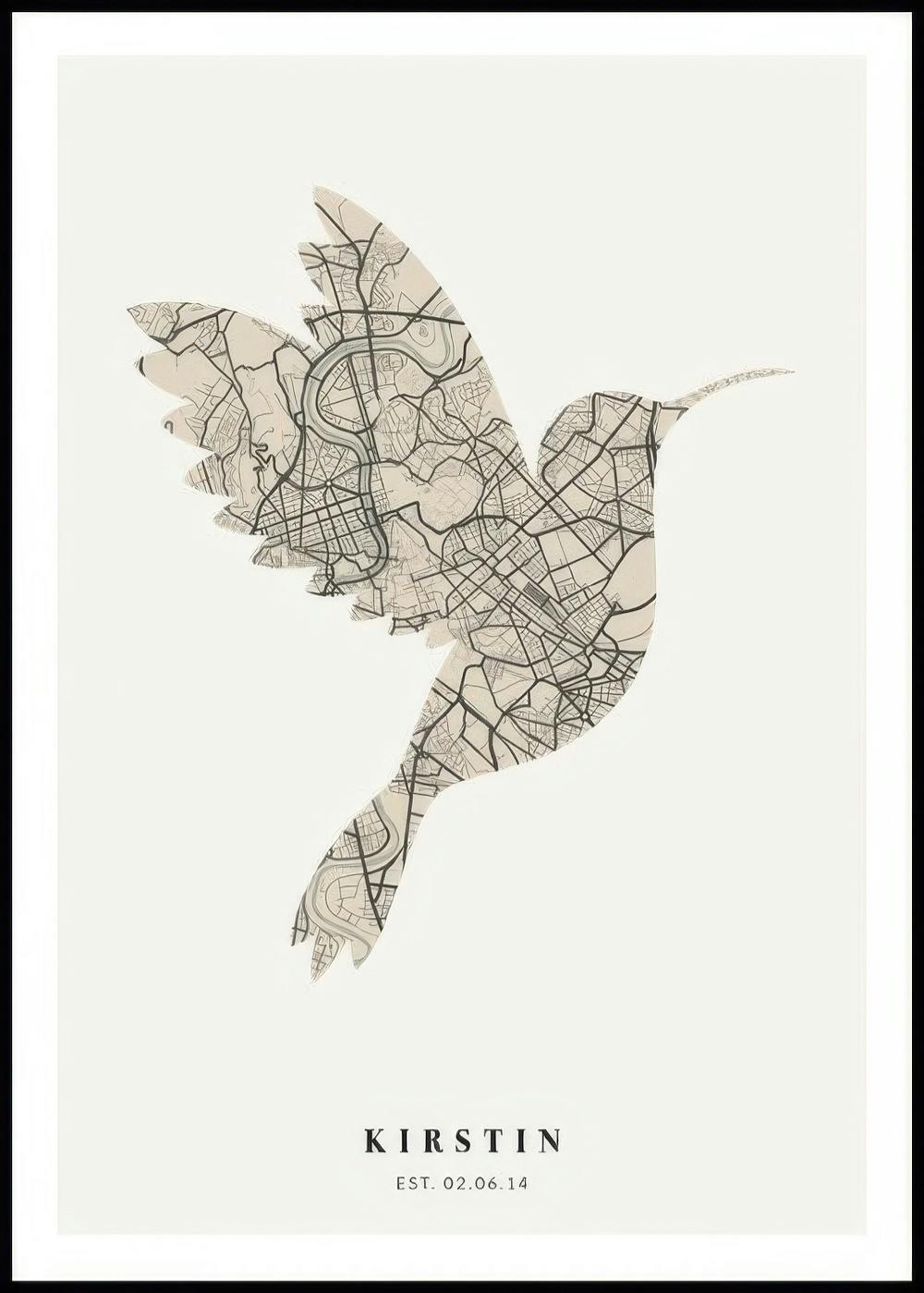 Ein personalisiertes Poster mit einem Stadtplan in Form eines Vogels, darunter steht ein Name und ein Datum.