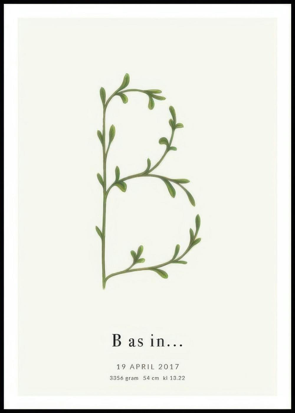 Een gepersonaliseerde poster met een groene tak in de vorm van de letter B en geboortegegevens.