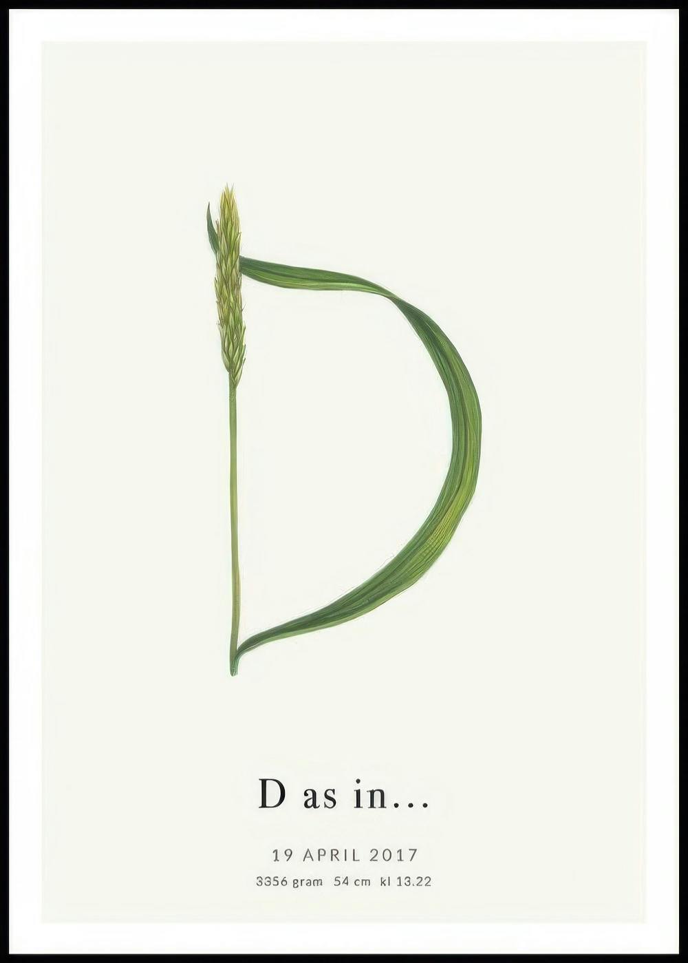 Poster personalizzato con la lettera D formata da una spiga e una foglia verde con testo personalizzabile in basso.