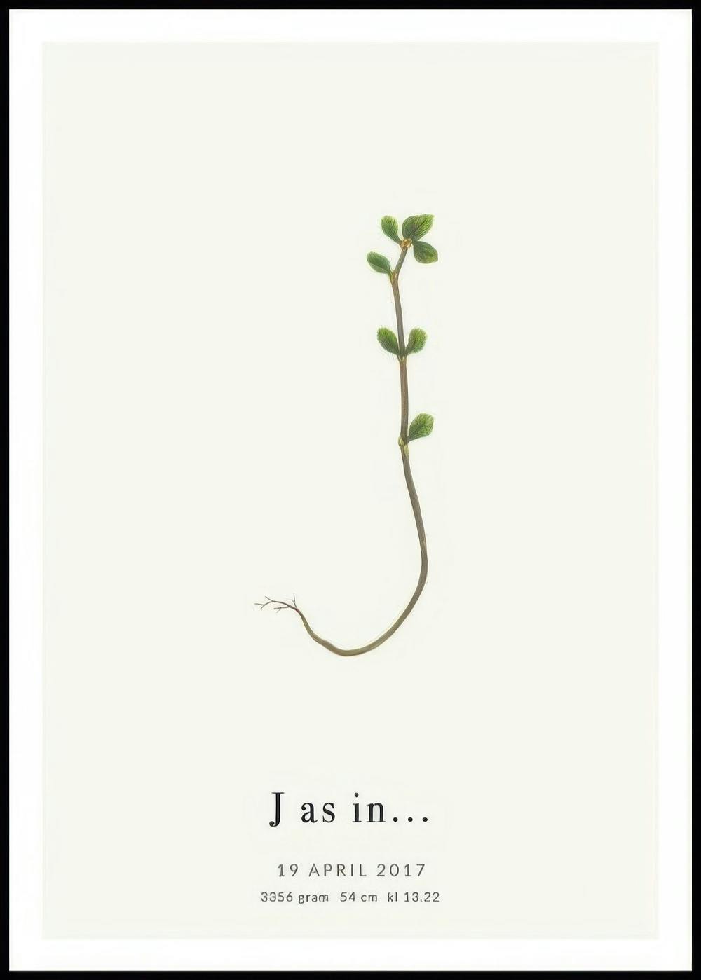 A personalised poster on a light background, featuring a green plant stem shaped like the letter J with text below.