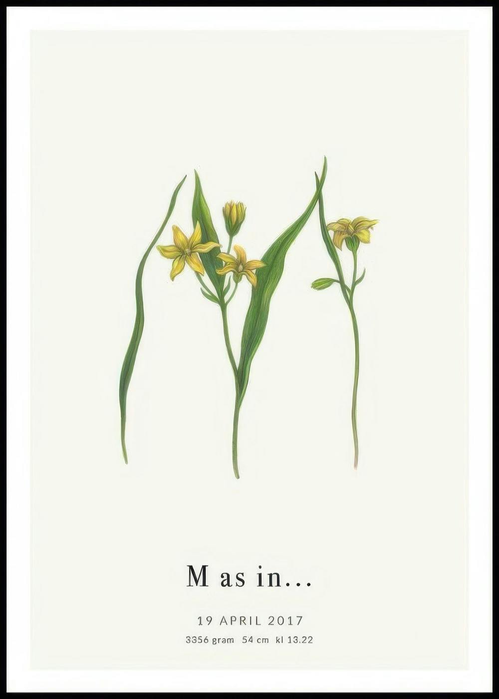 Poster personalizzato con una M stilizzata fatta di foglie verdi e fiori gialli, con data e testo personalizzabili.
