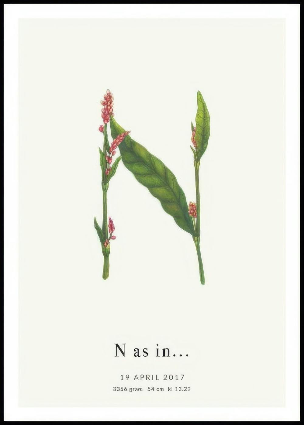 Poster personalizzato con la lettera N formata da foglie verdi e fiori rosa, e testo personalizzabile in basso.