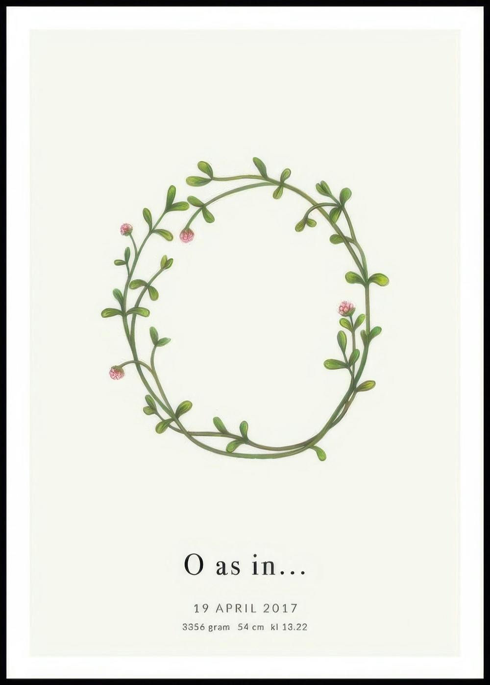Poster personalizzato con una corona circolare di foglie verdi e piccoli fiori rosa su sfondo bianco, e testo in basso.