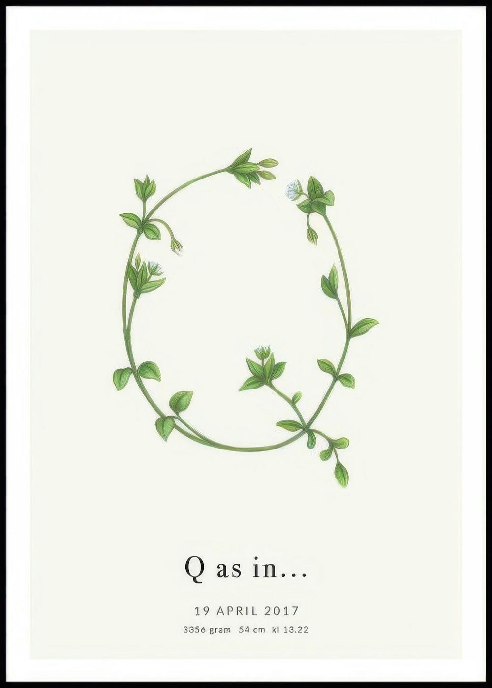 A personalised poster with a green leafy vine forming the letter Q, and customizable text below it.