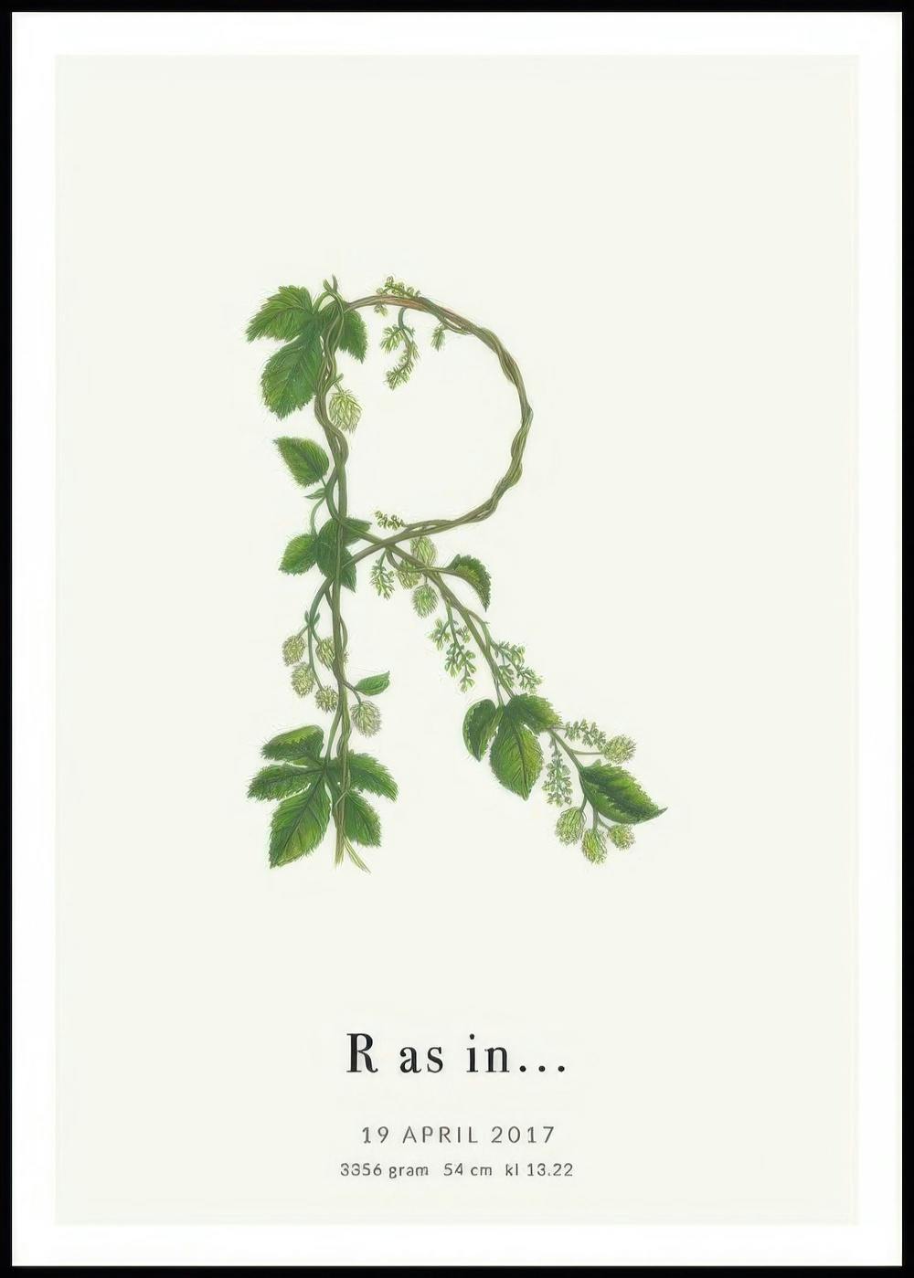 A personalised poster featuring a botanical letter R formed from green leaves and vines, with custom text below.