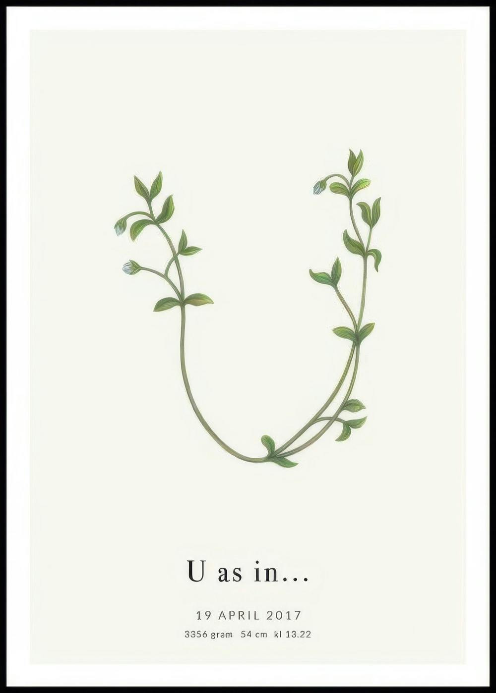 A personalized poster featuring a green botanical illustration forming the letter U with customizable text below.
