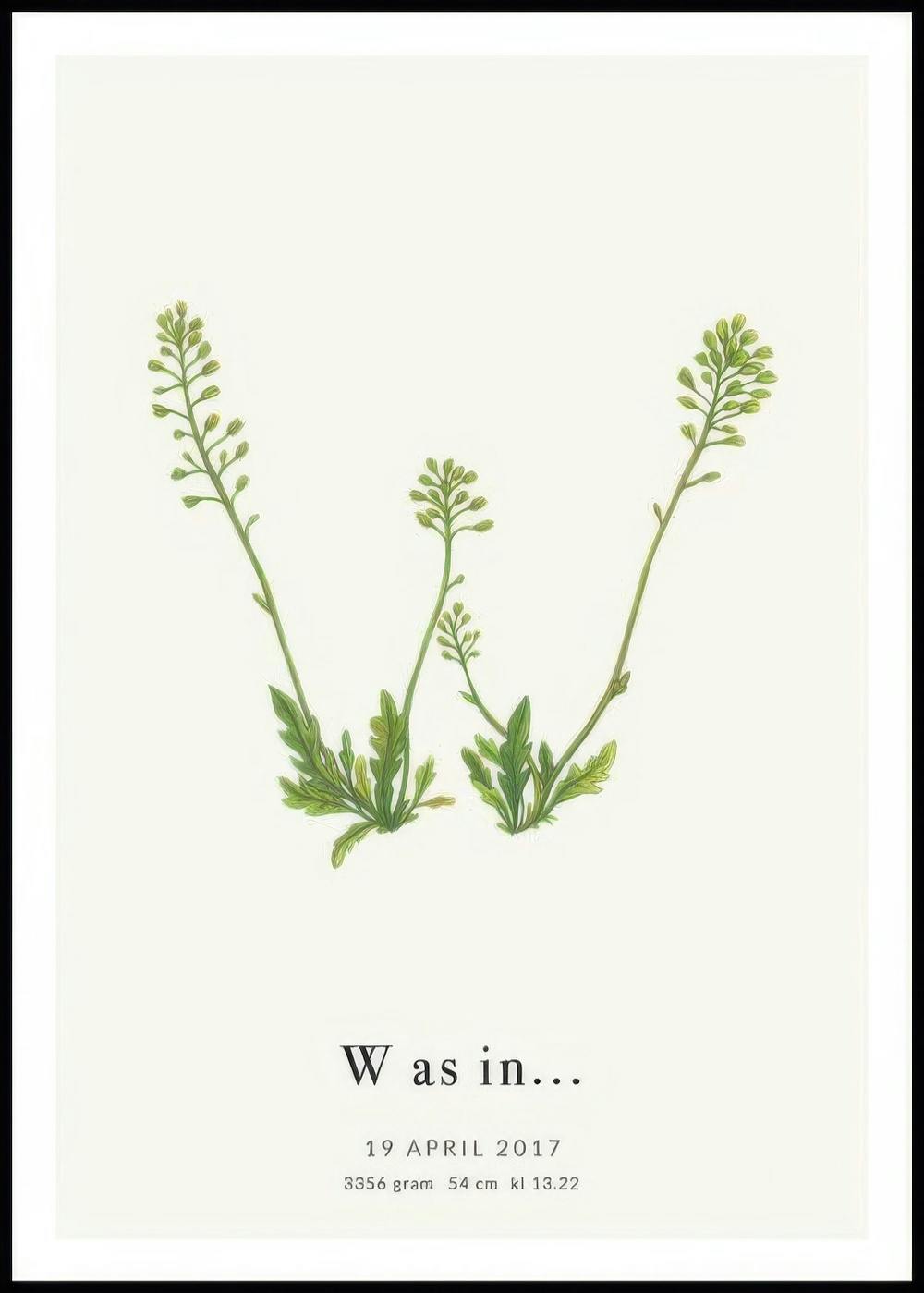 Gepersonaliseerde poster met de letter W gevormd uit groene planten en tekst als was in...