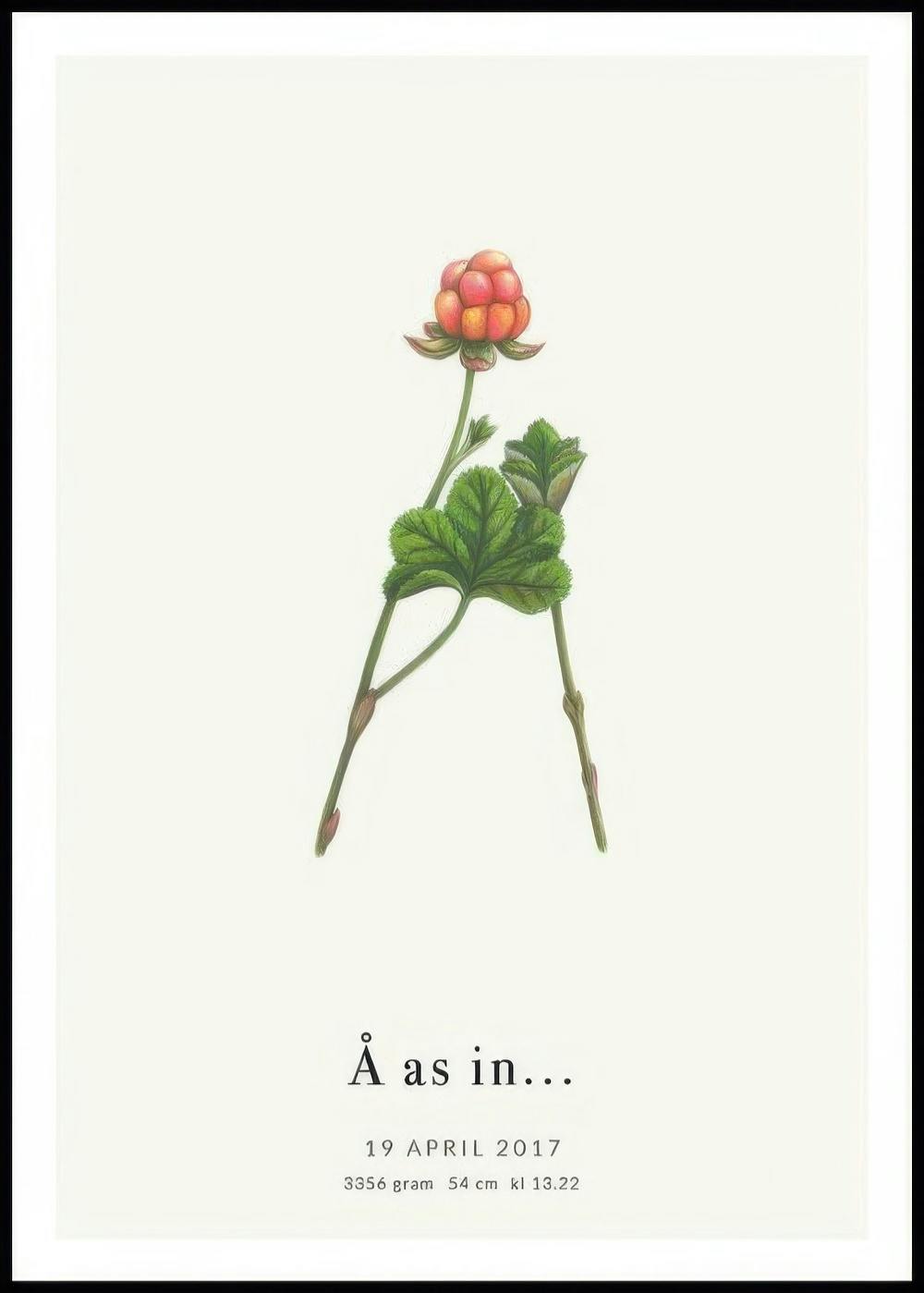 Een gepersonaliseerde poster met een illustratie van een oranje bloem en groene bladeren die de letter A vormen, met tekst erond