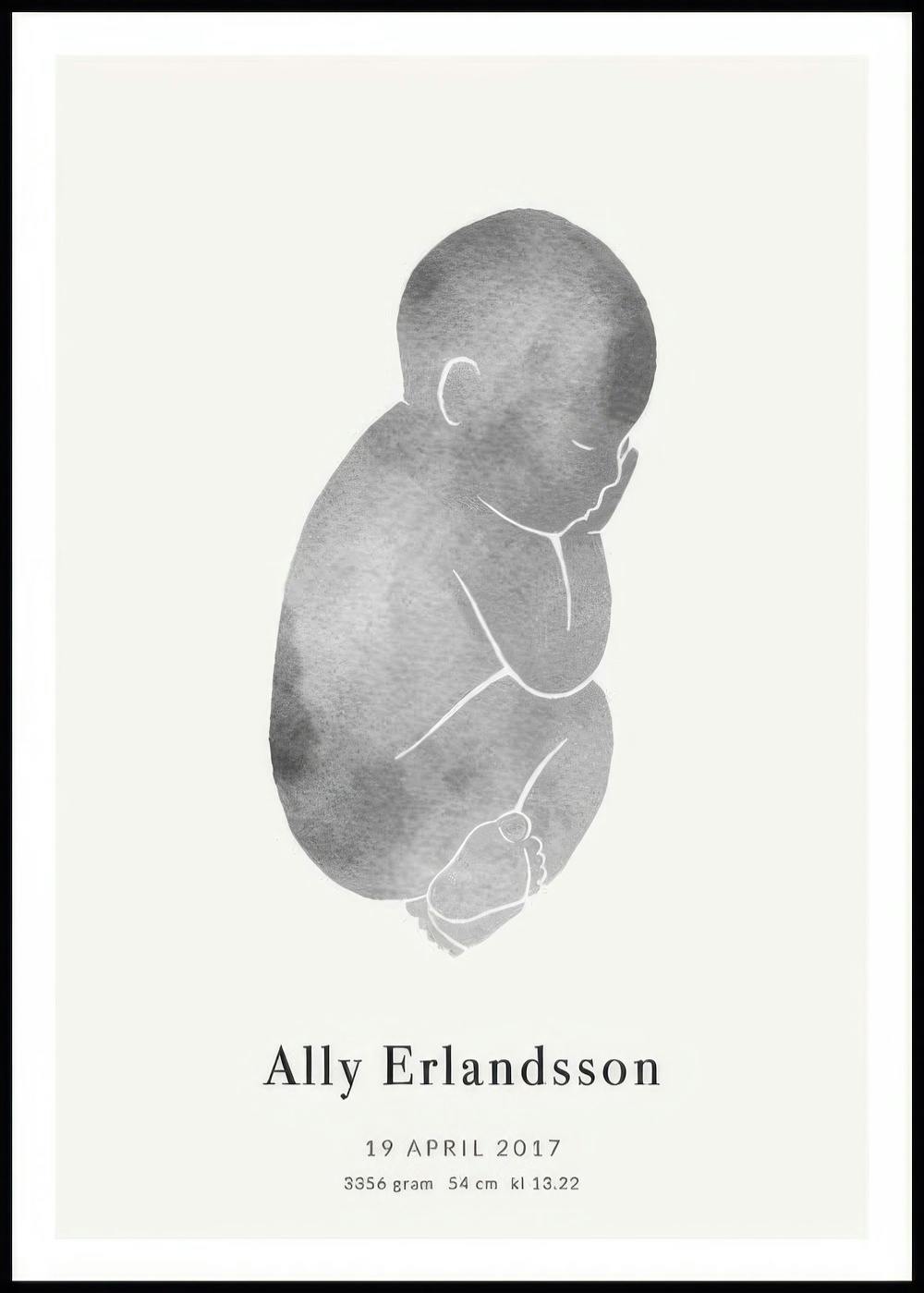 A personalised poster featuring a grey watercolor silhouette of a sleeping baby in the fetal position, with custom text below.