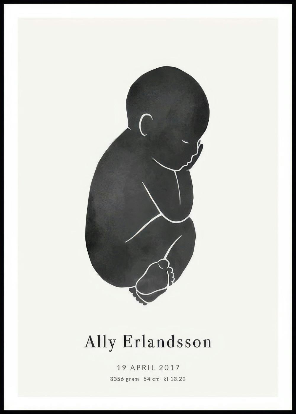Personalisiertes Poster: Eine schwarze Silhouette eines schlafenden Babys mit weißen Umrissen auf weißem Hintergrund und persona