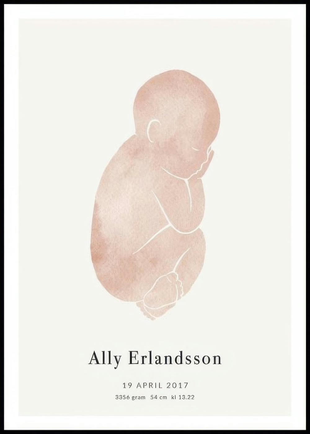 En personlig plakat med en akvarel illustration af en lyserød babyfigur og sort tekst med navn og fødselsinformation.