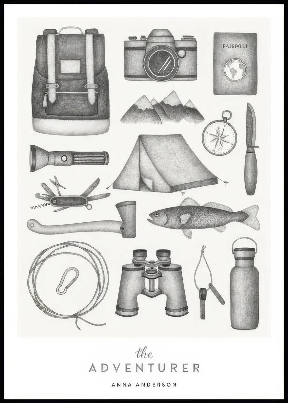 Ein personalisiertes Poster mit handgezeichneten Abenteuer-Illustrationen: Rucksack, Zelt, Kompass, Axt, Fernglas.