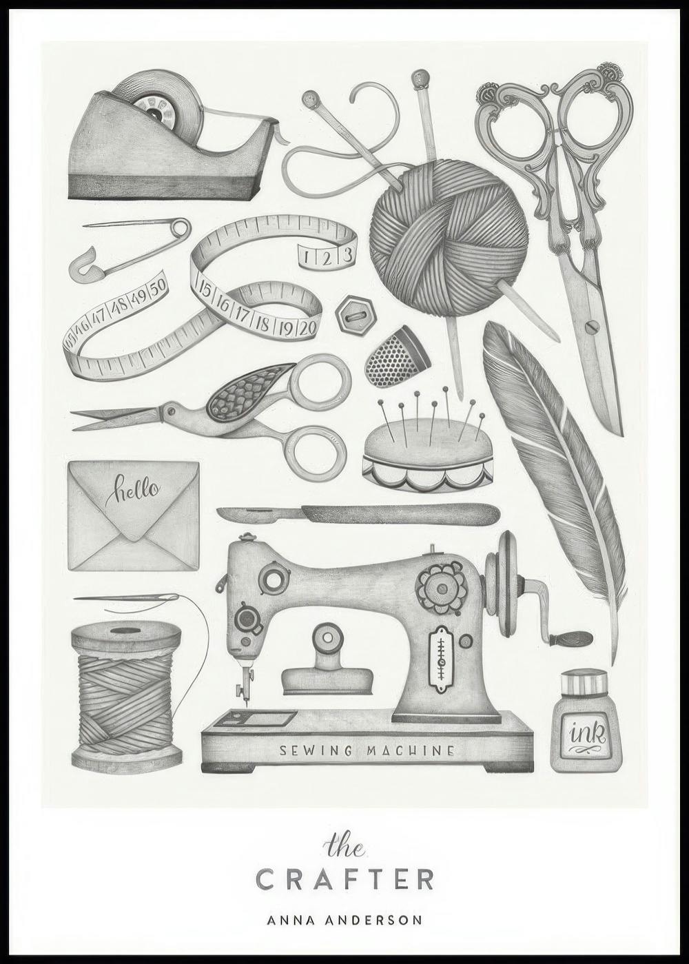 A personalized poster featuring a grey pencil-drawn collection of crafting tools like a sewing machine, yarn, needles, and sciss