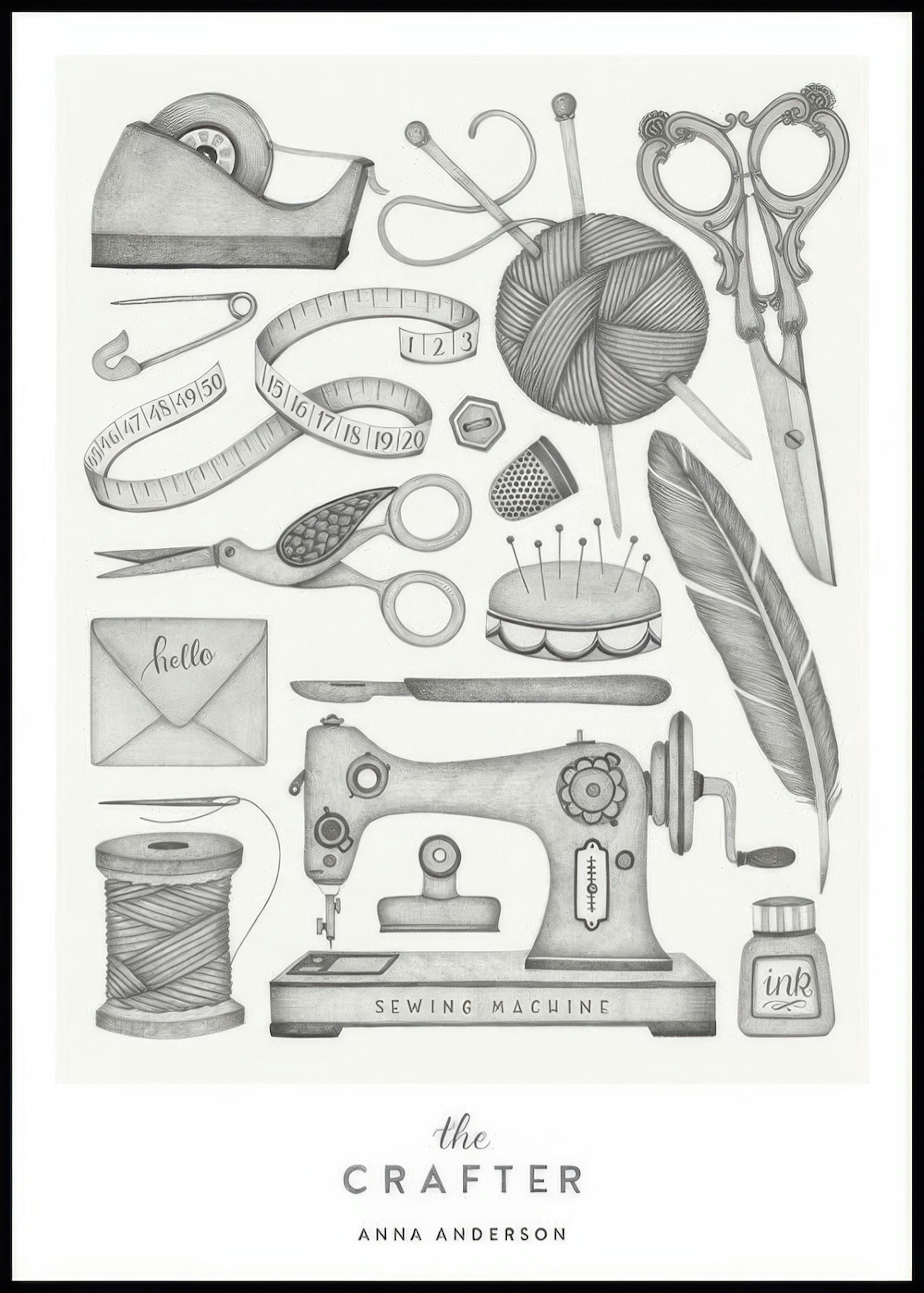 Poster personnalisé avec des illustrations détaillées darticles de couture : ciseaux, machine à coudre, fil, etc.