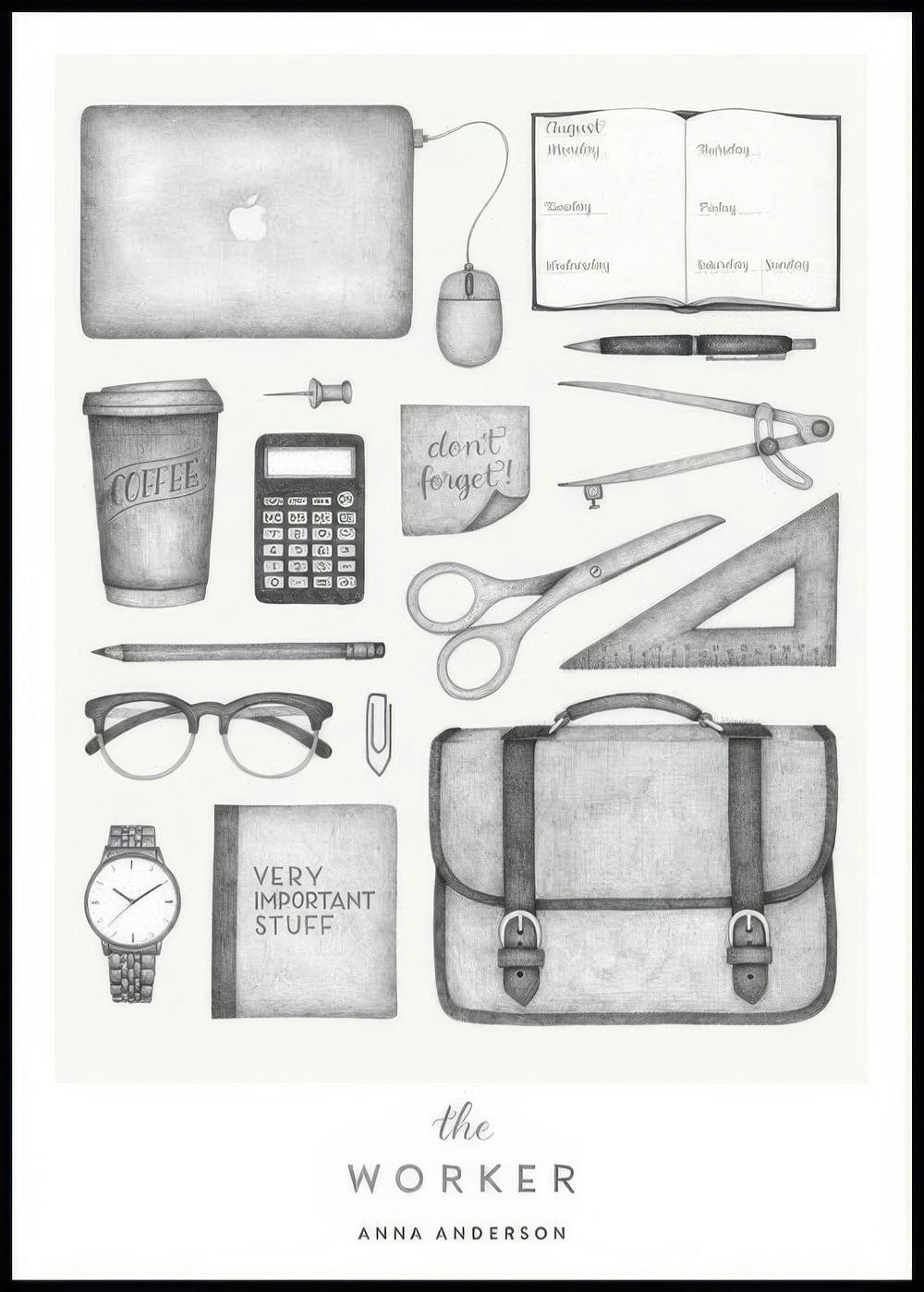 A personalized poster featuring a monochrome illustration of office supplies like a laptop, coffee cup, and briefcase.