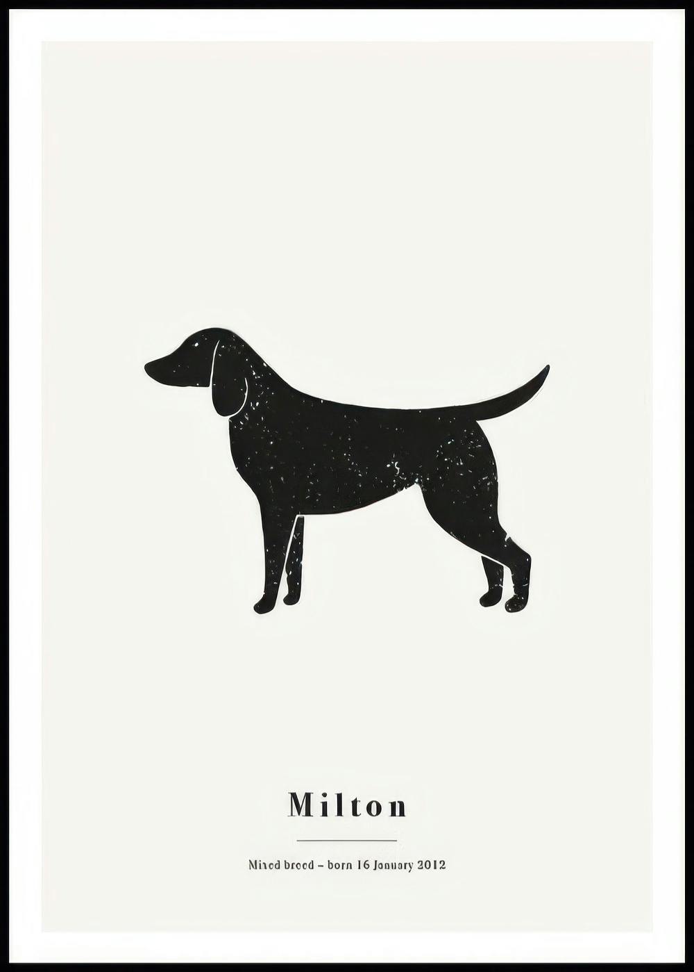 Póster personalizado con la silueta negra de un perro de raza mixta en un fondo blanco, con el nombre Milton y su fecha de nacim