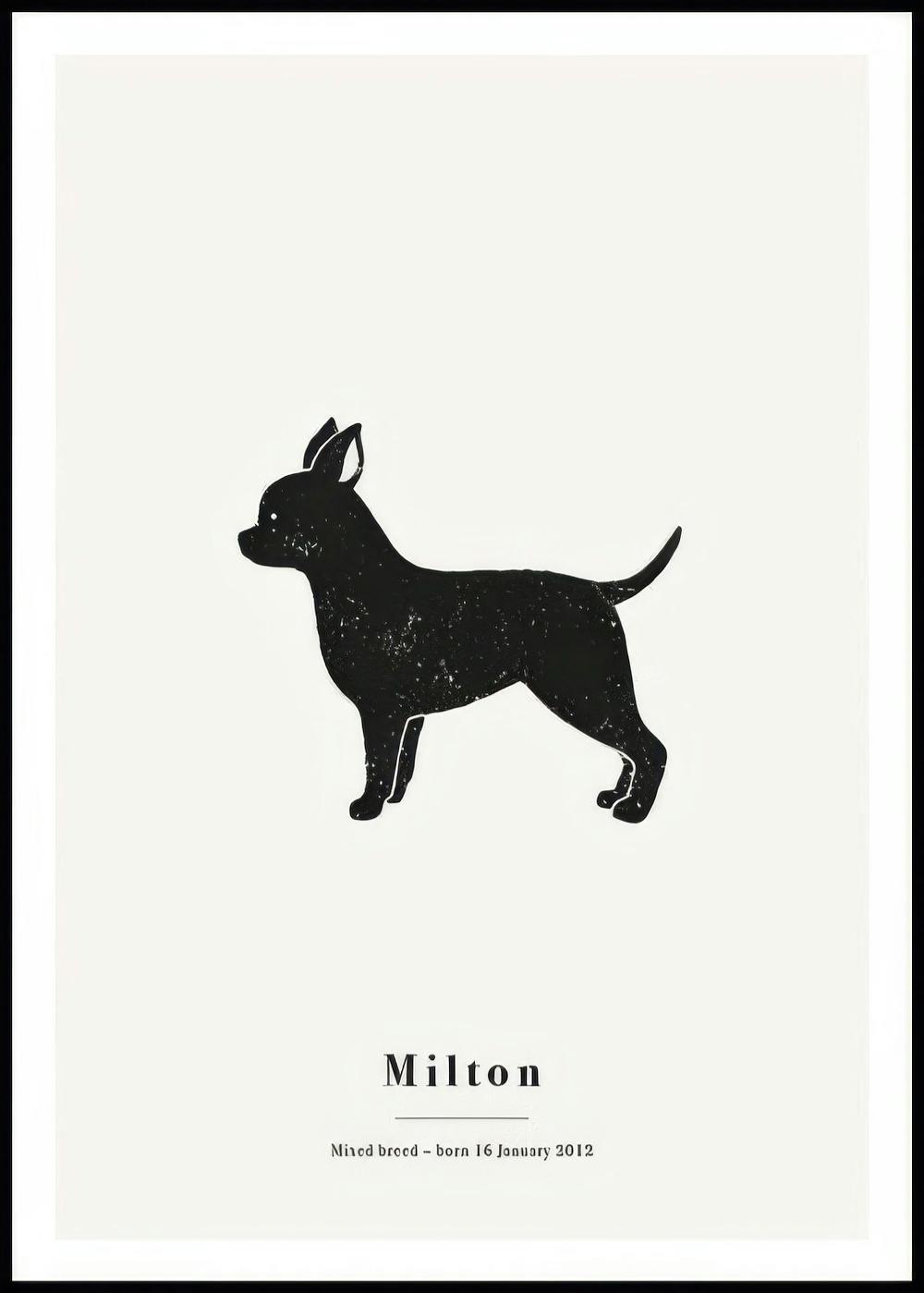 Póster personalizado con ilustración de un perro Chihuahua negro y texto personalizable sobre fondo blanco.