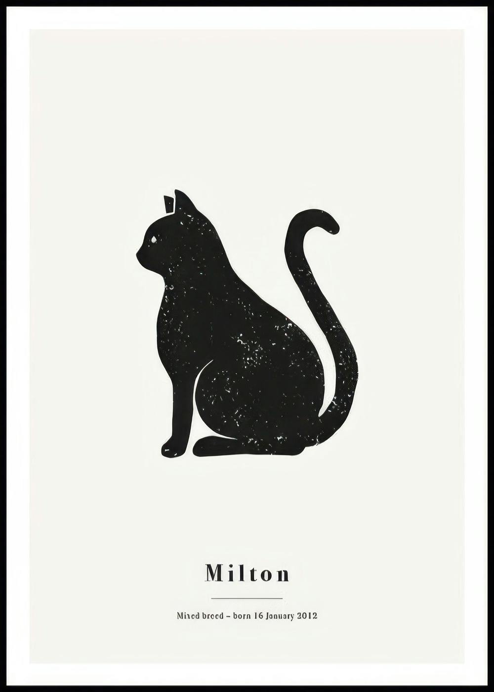 A personalised poster featuring a distressed black silhouette of a sitting cat with customizable text below it.