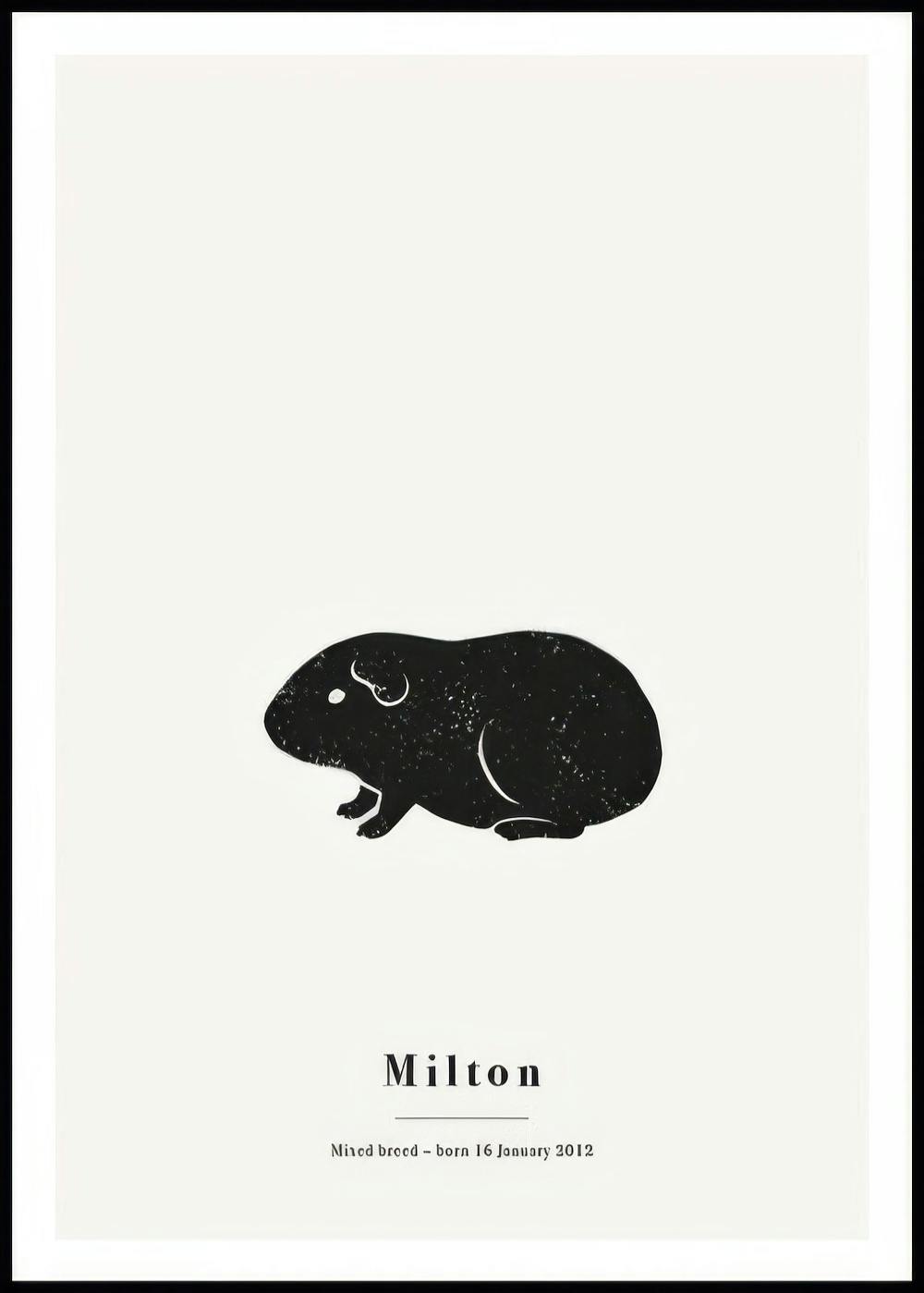 Un poster personalizzato con un porcellino dIndia nero stilizzato su sfondo chiaro, con nome e data personalizzabili.
