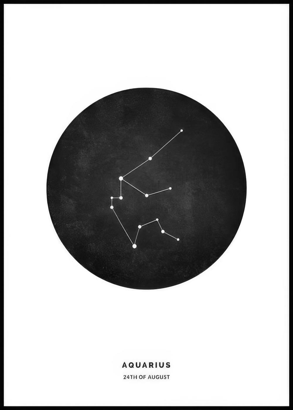 Póster personalizado con la constelación de Acuario en un círculo negro sobre fondo blanco.