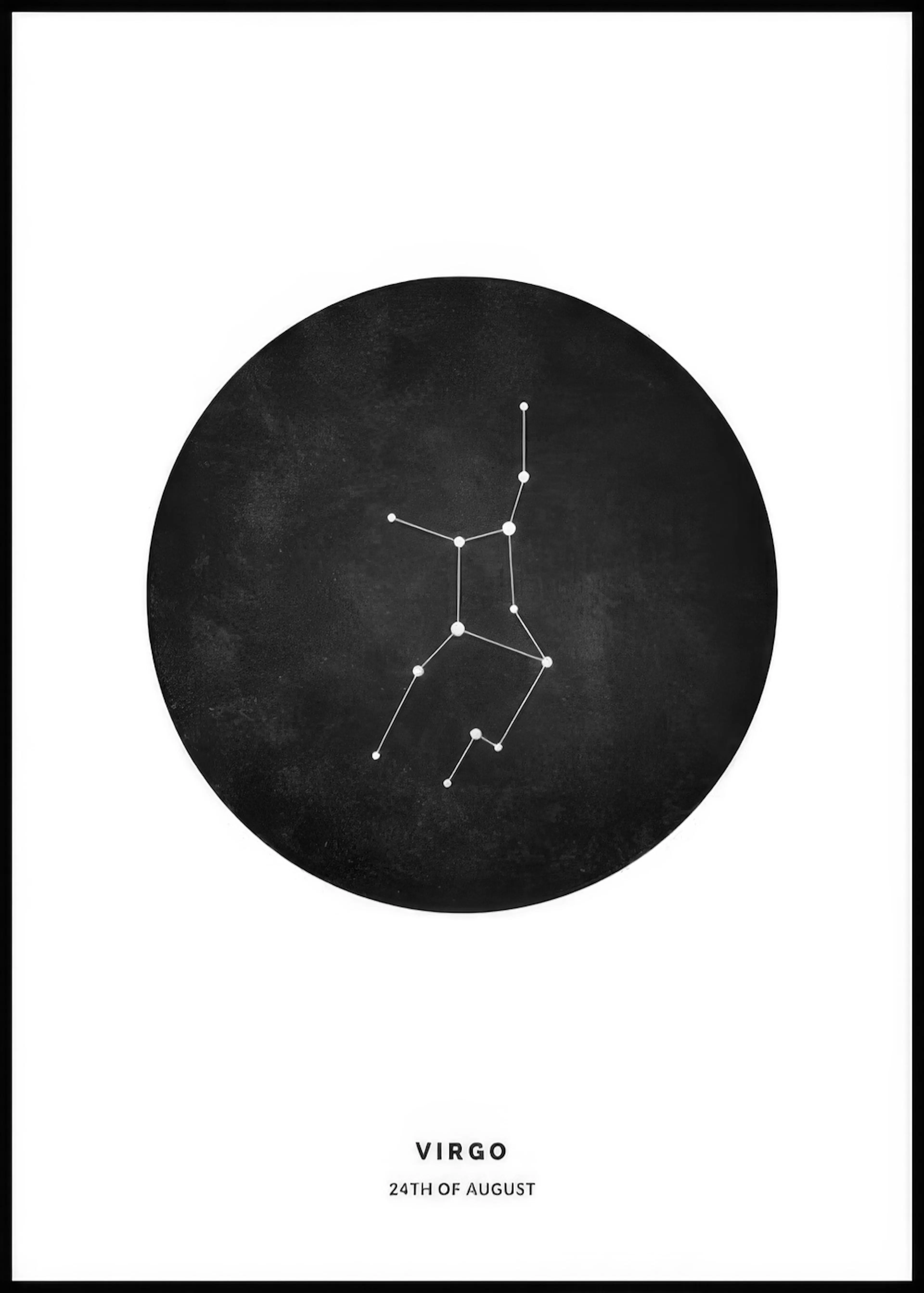 Poster personalizzato con costellazione della Vergine in bianco su sfondo circolare nero, su un campo bianco.