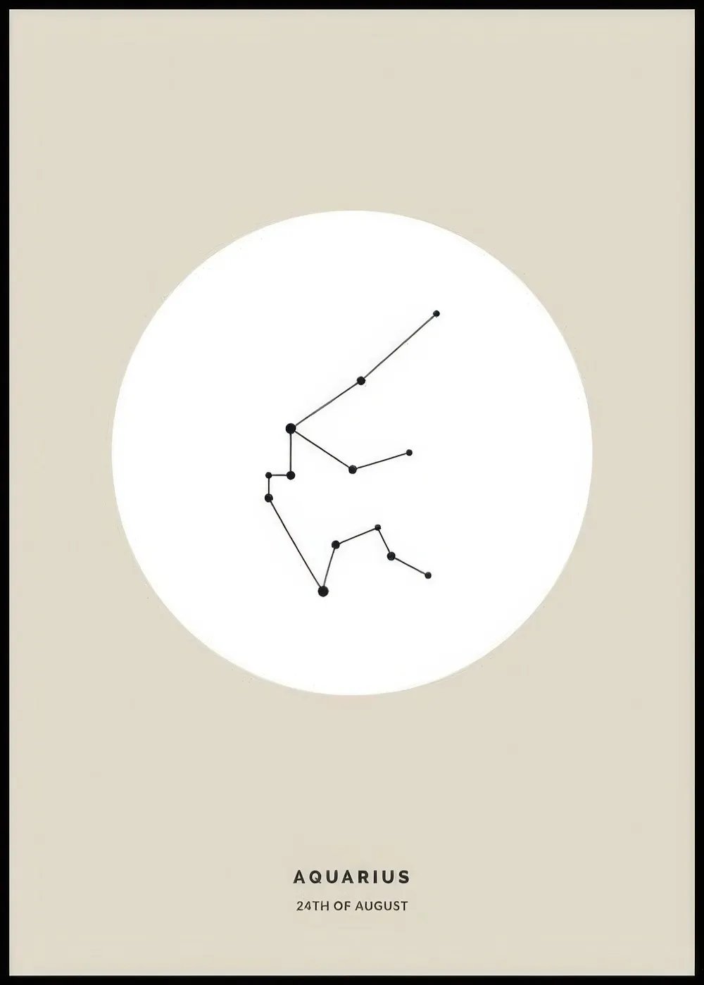 A personalised poster featuring the Aquarius constellation in black against a white circle on a light beige background.