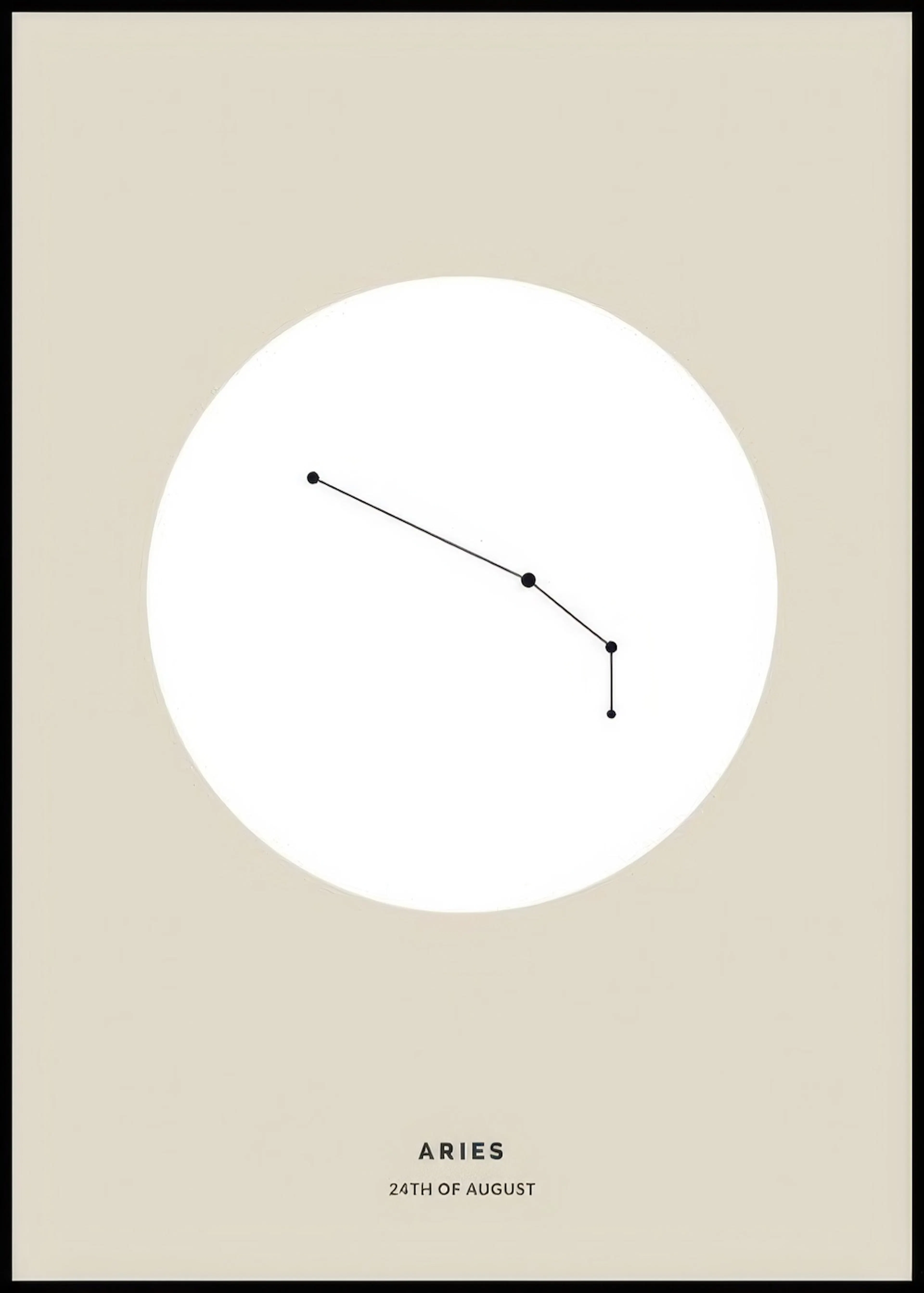 A personalized poster featuring a minimalist Aries constellation on a white circle, set against a light beige background.