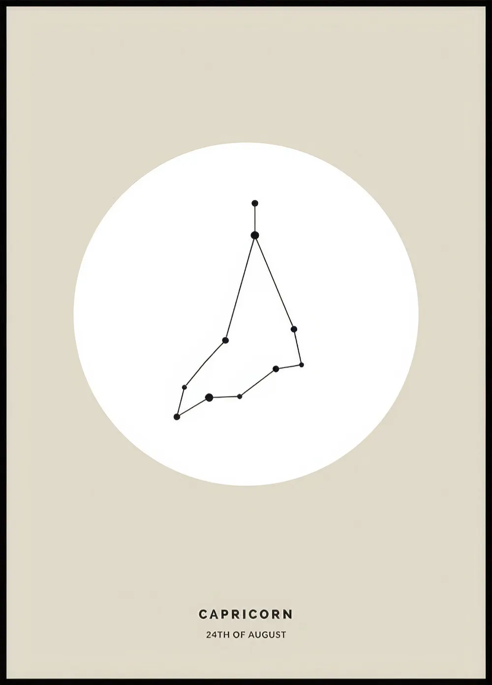 A personalised poster featuring a black Capricorn constellation outline on a white circle, set against a light beige background.
