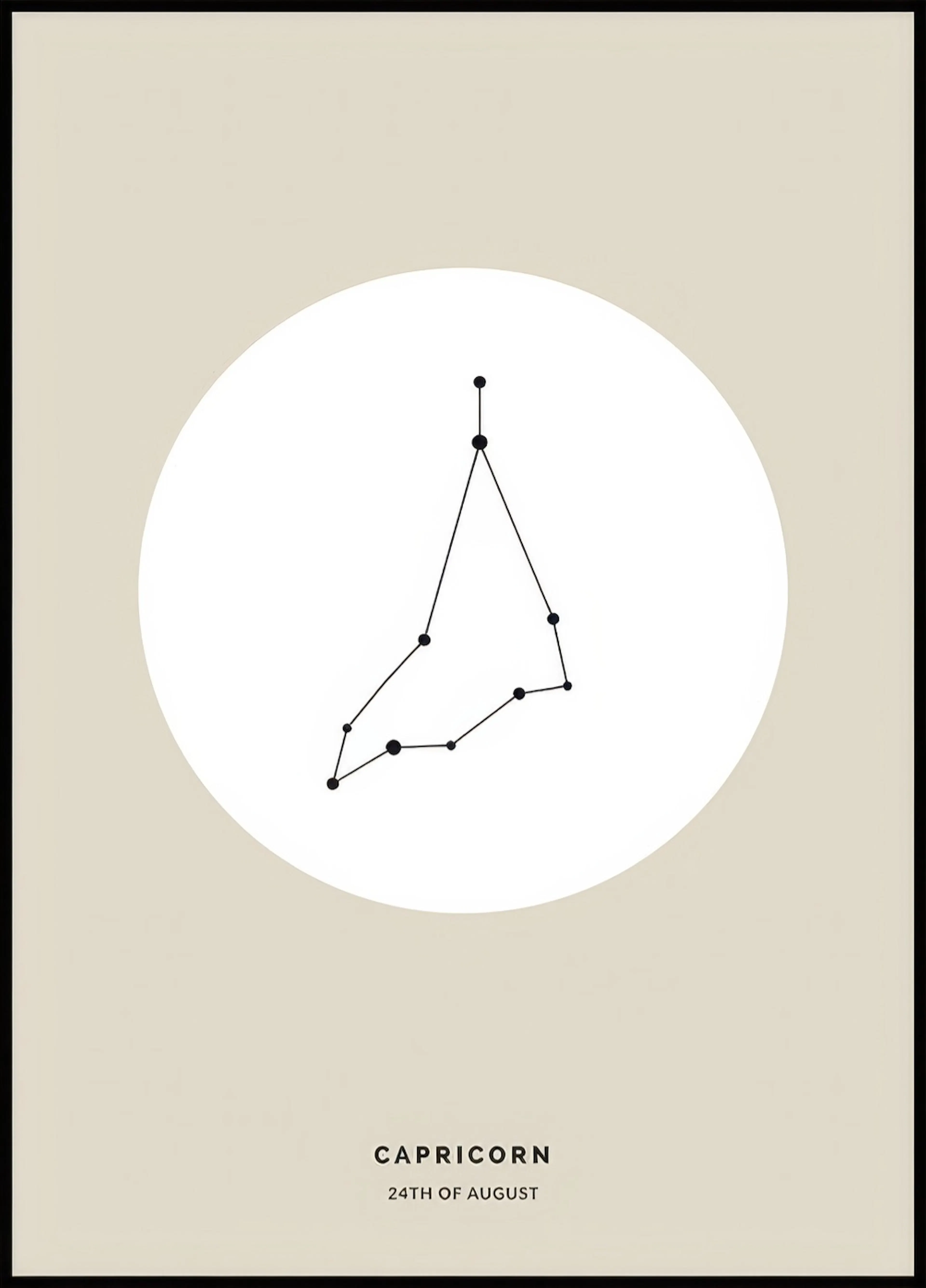 A personalised poster featuring a black Capricorn constellation outline on a white circle, set against a light beige background.