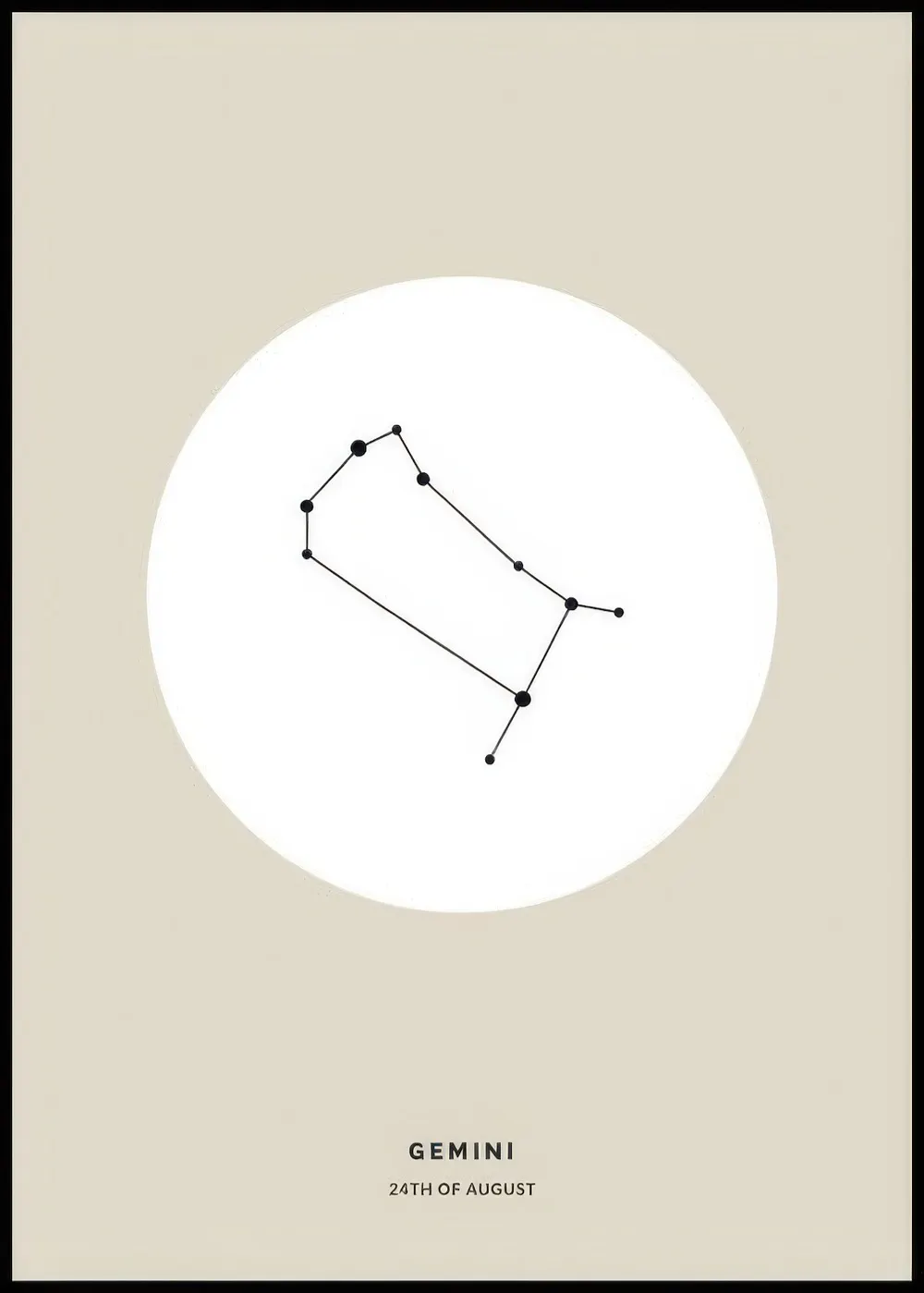 A personalised poster featuring the Gemini constellation in black dots and lines on a white circle, set against a beige backgrou