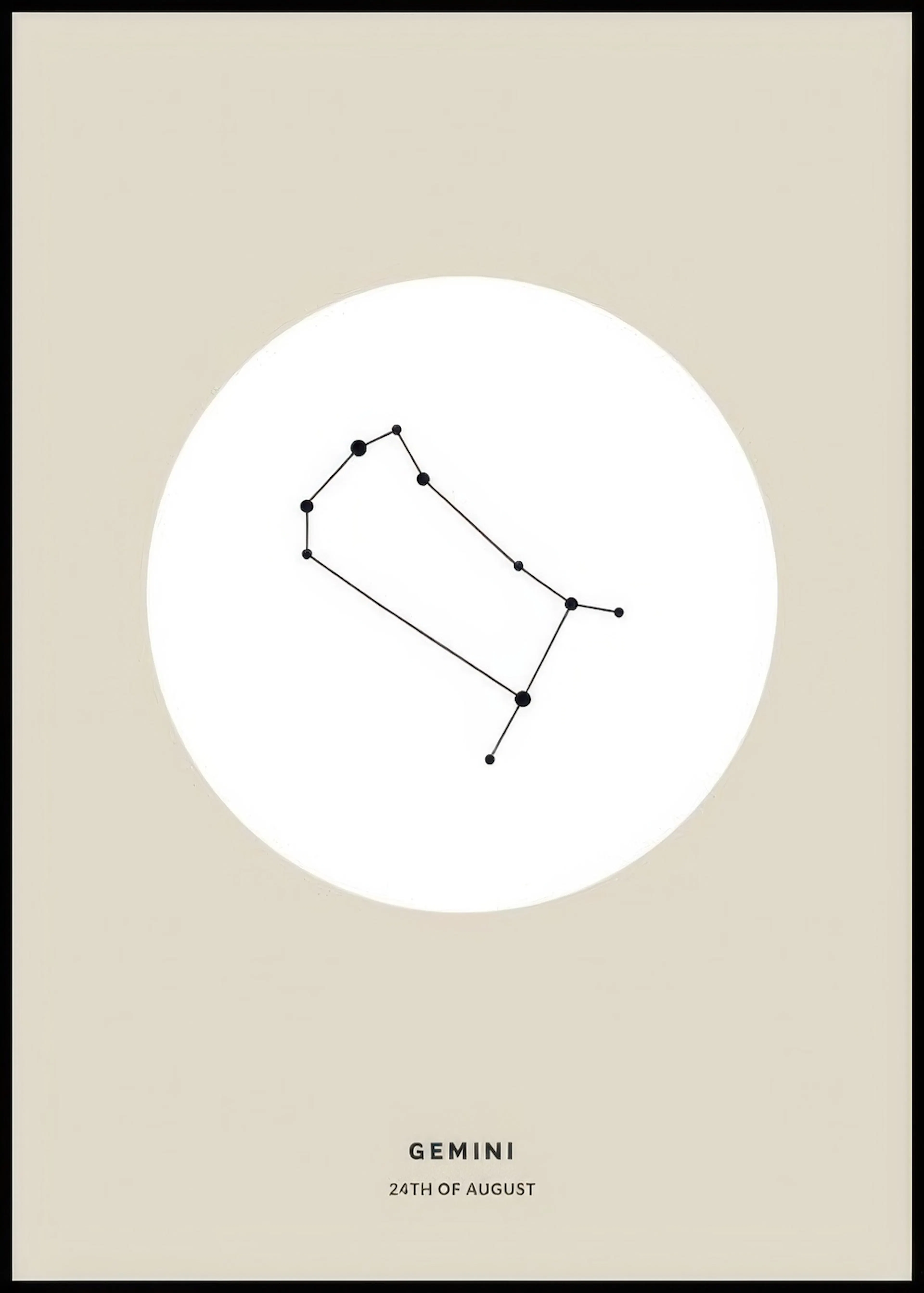 A personalised poster featuring the Gemini constellation in black dots and lines on a white circle, set against a beige backgrou