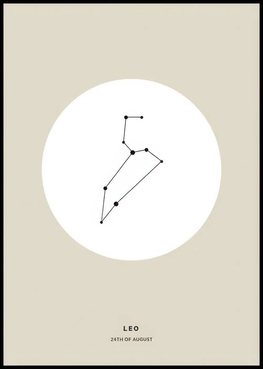 A personalised poster featuring the Leo zodiac constellation in black dots and lines on a white circle, against a light beige ba