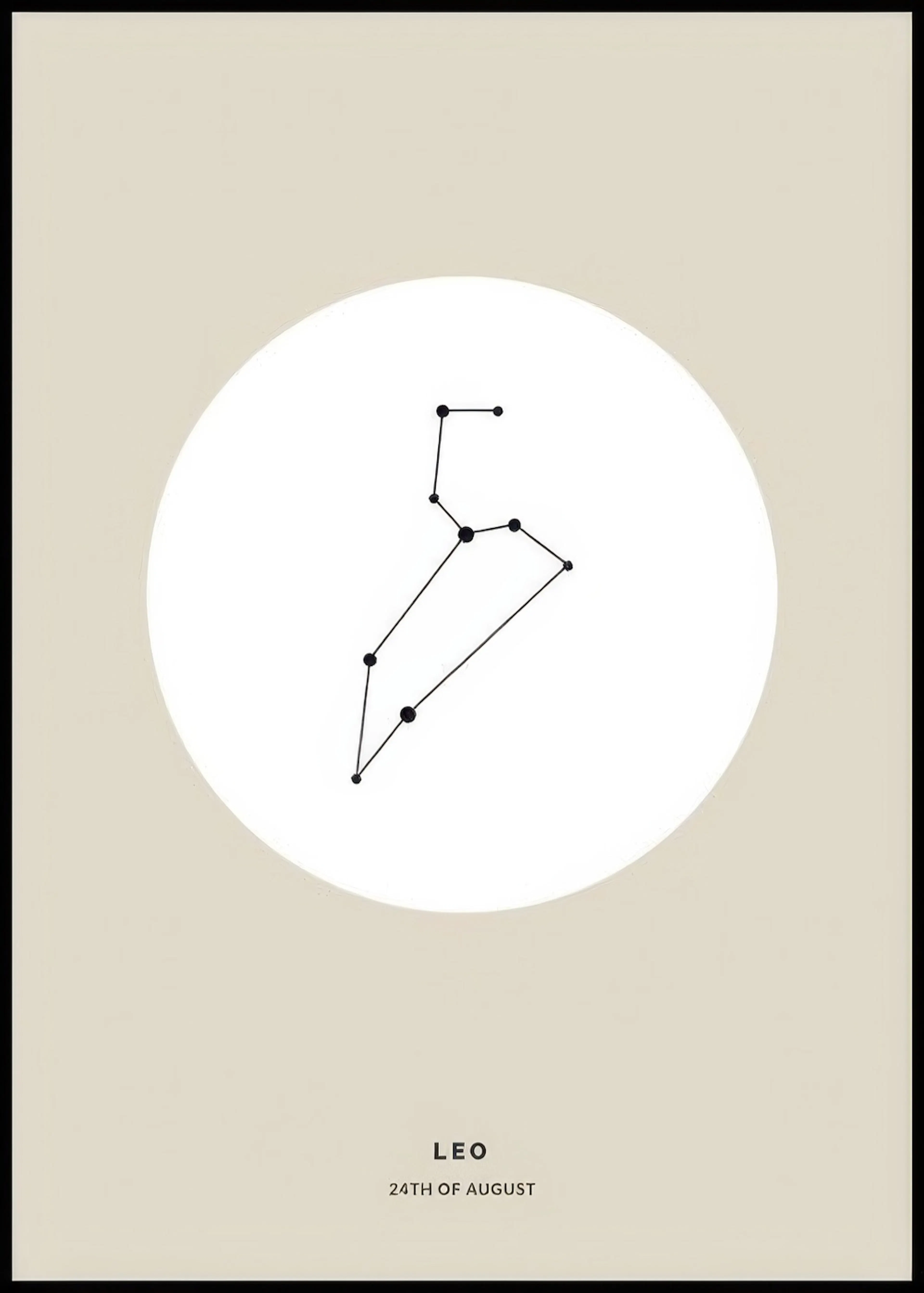 A personalised poster featuring the Leo zodiac constellation in black dots and lines on a white circle, against a light beige ba