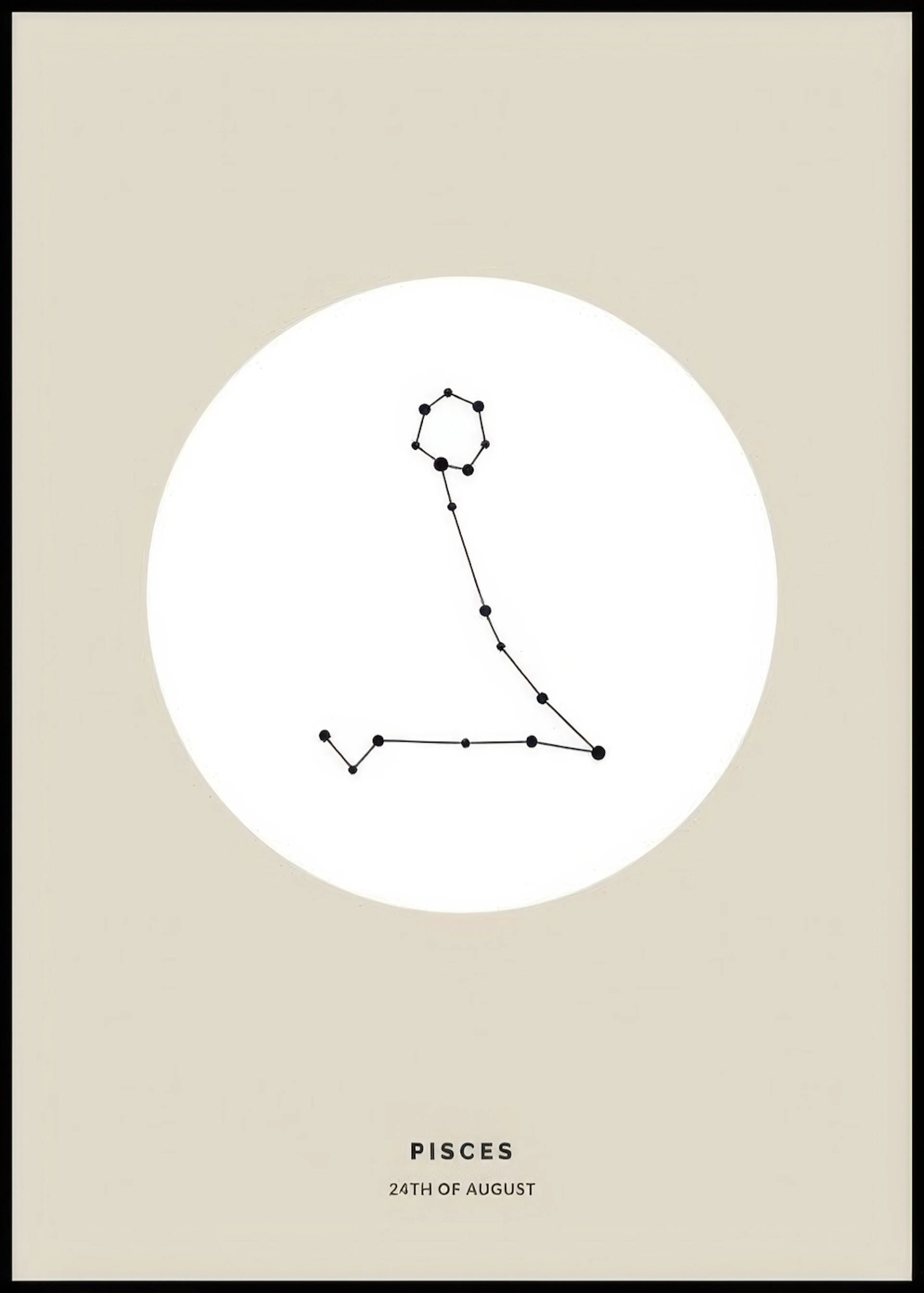 A personalised poster featuring the Pisces constellation in black with text PISCES 24TH OF AUGUST on a beige background.