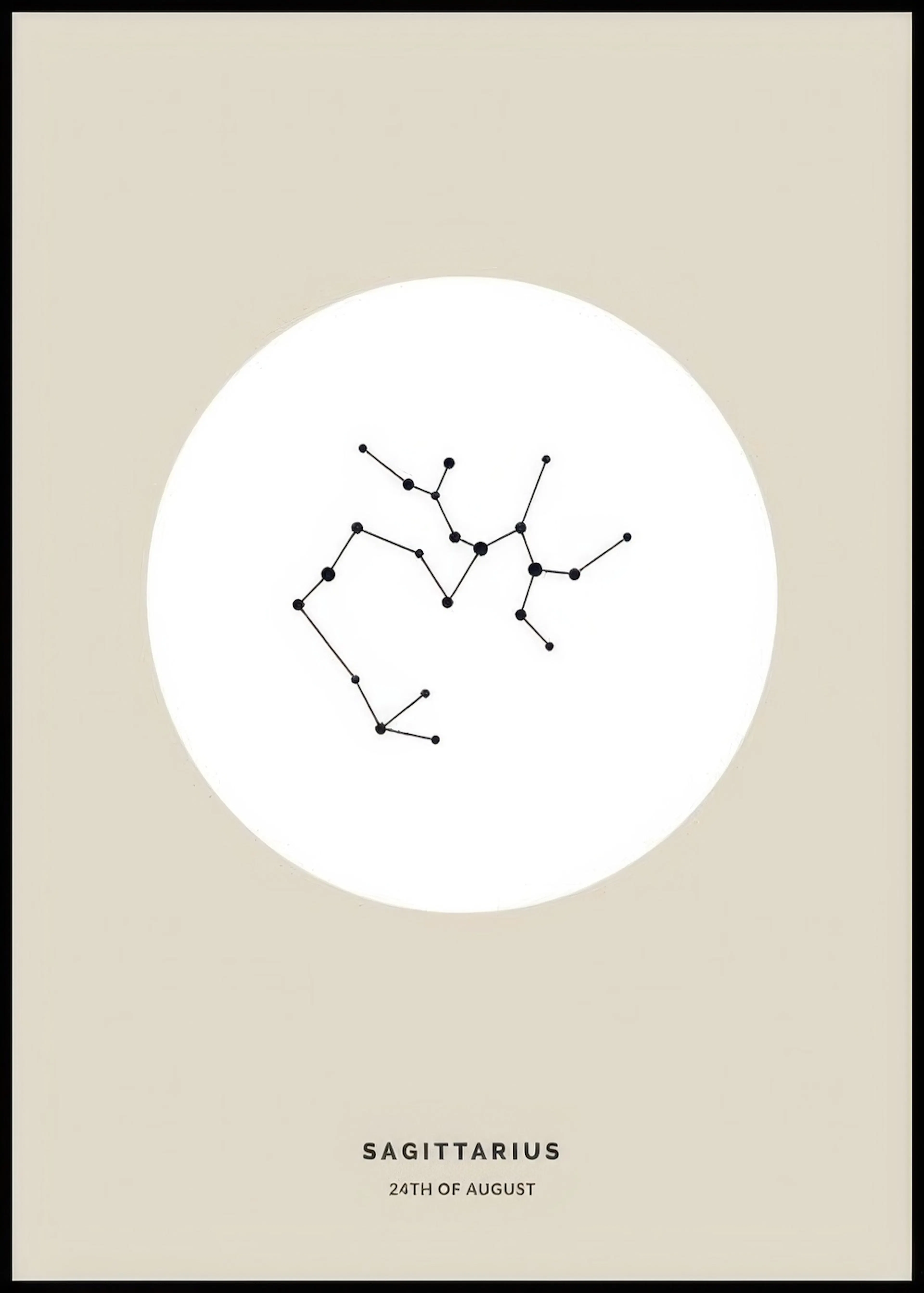 A personalised poster featuring the Sagittarius constellation in black on a white circle against a beige background.